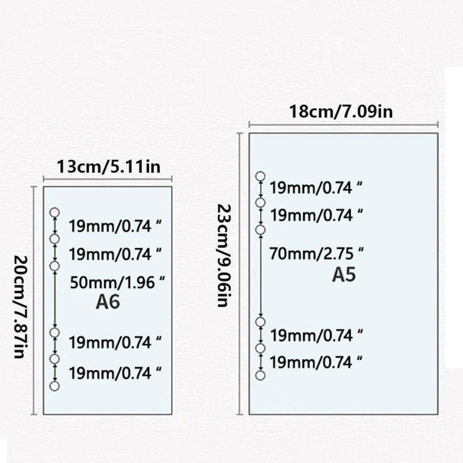 Diagramm zum Vergleich von A6- und A5-Lochvorlagen für Papierlochstanzen, die Größen 13x20 cm und 18x23 cm mit gemessenen Lochabständen und Rändern zeigen.