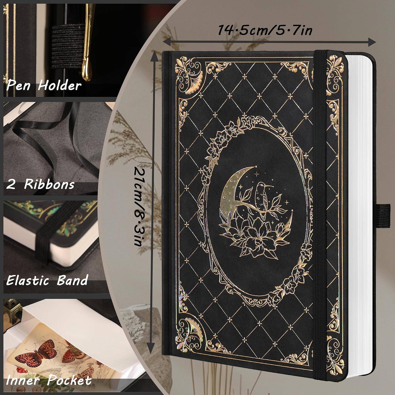 Dekoratives schwarzes Hardcover-Notizbuch mit goldenem floralem Monddesign, Gummiband, Lesezeichen mit Band, Stifthalter, innere Tasche und Abmessungen von 14,5 x 21 cm.
