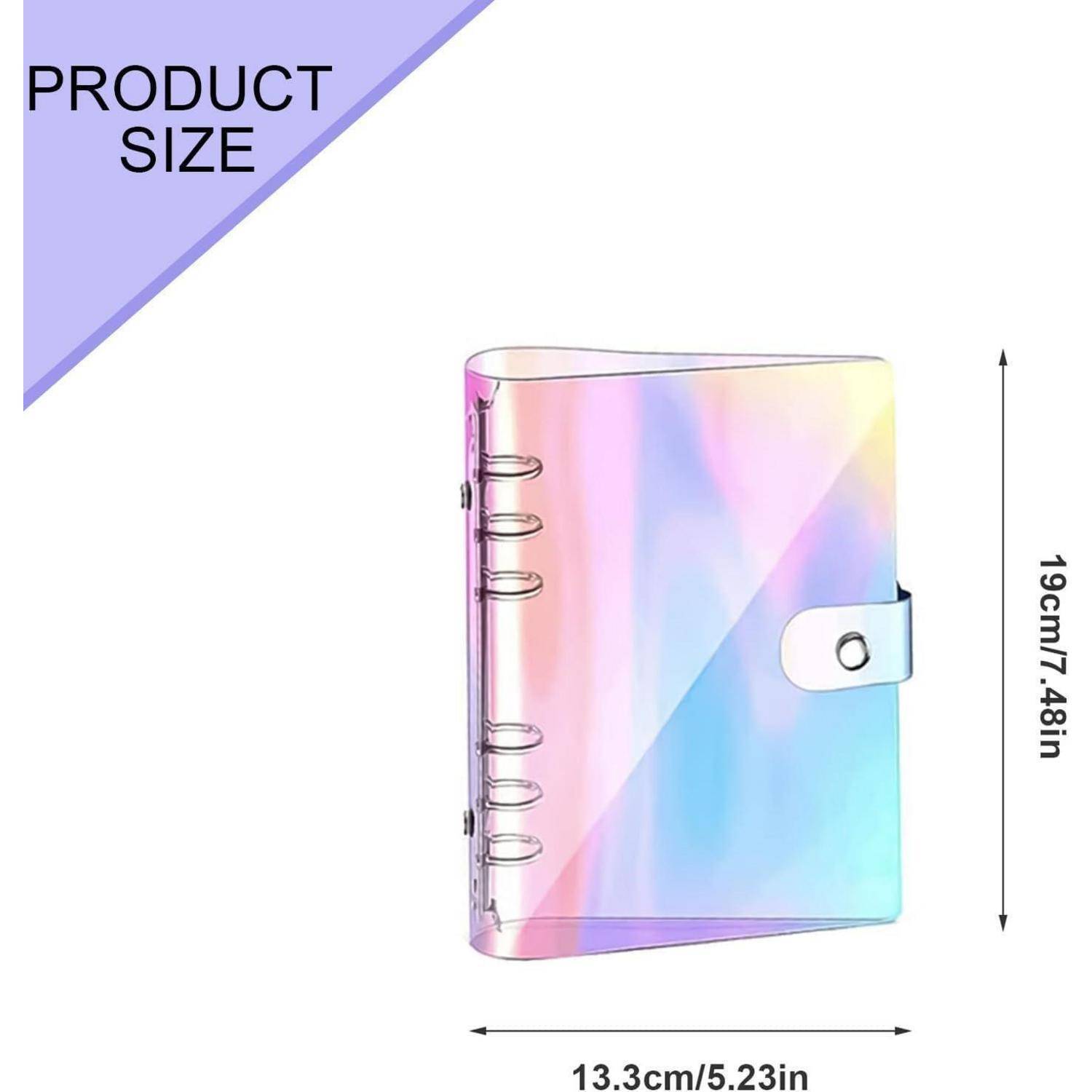 Produktgrößenillustration eines holografischen Ringbindernotizbuchs mit Abmessungen von 19 cm Höhe und 13,3 cm Breite.