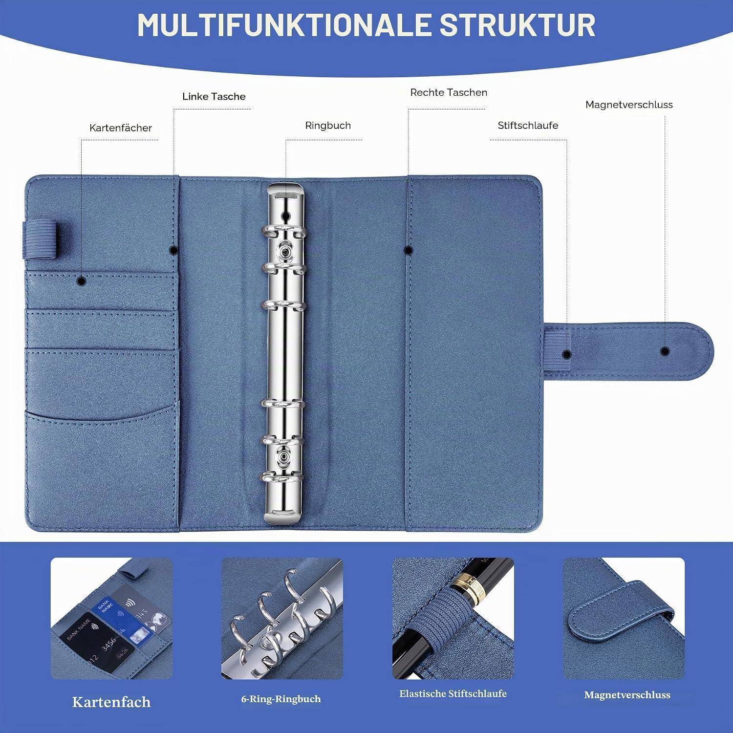 Blauer Organizer-Ordner offen, um Kartenfächer, Sechsringsmechanismus, Stiftschlaufe und magnetischen Verschluss zu zeigen, mit der Bezeichnung 