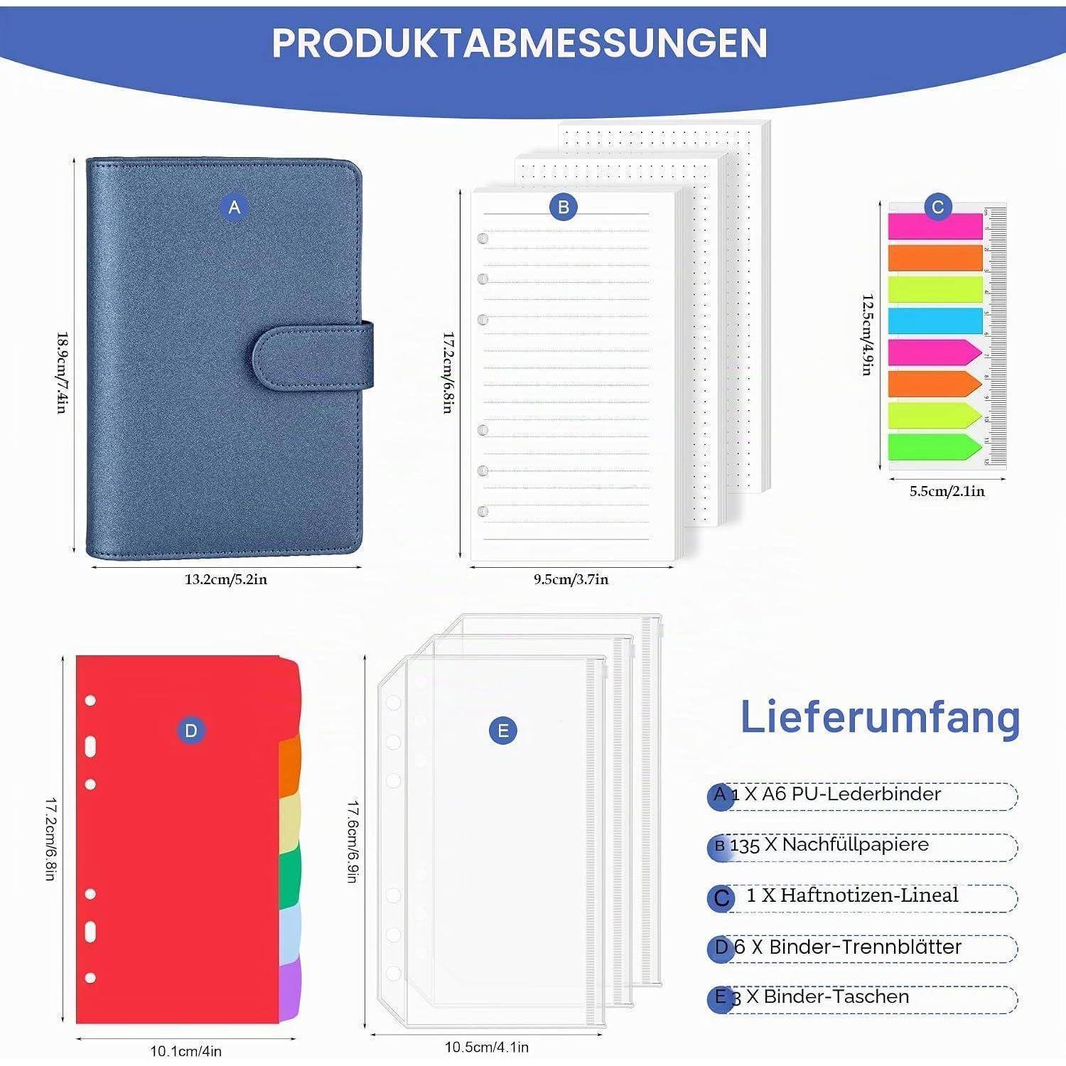 Produktabmessungen und Inhalt für einen blauen A5-Ringordner, Notizbuchseiten, farbige Registerkarten und enthaltene Trennblätter und Taschen mit deutscher Beschriftung.