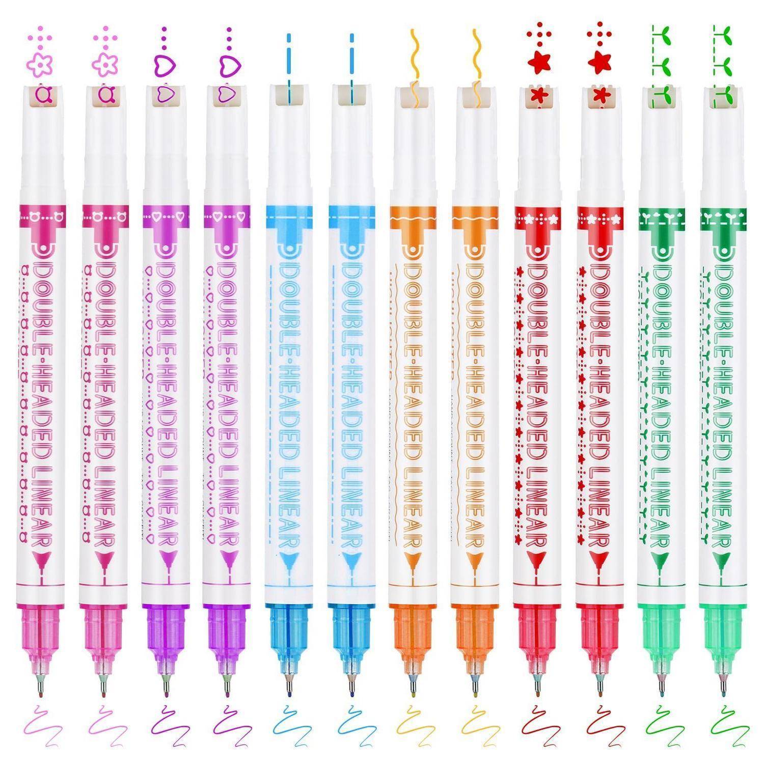 Sortierte doppelspitzige Filzstifte in Rosa, Lila, Blau, Orange, Rot und Grün, dargestellt in einer Reihe mit passenden Doodle-Stil-Spitzensymbolen.