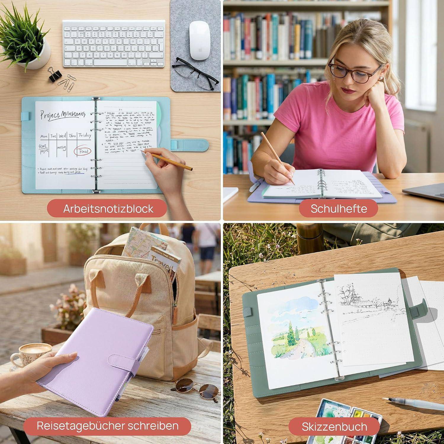 Collage aus vier Notizbuchverwendungen: Arbeitsnotizen am Schreibtisch, Schülerhausaufgaben, Reisetagebuch im Freien und Skizzen in einem Kunsttagebuch.