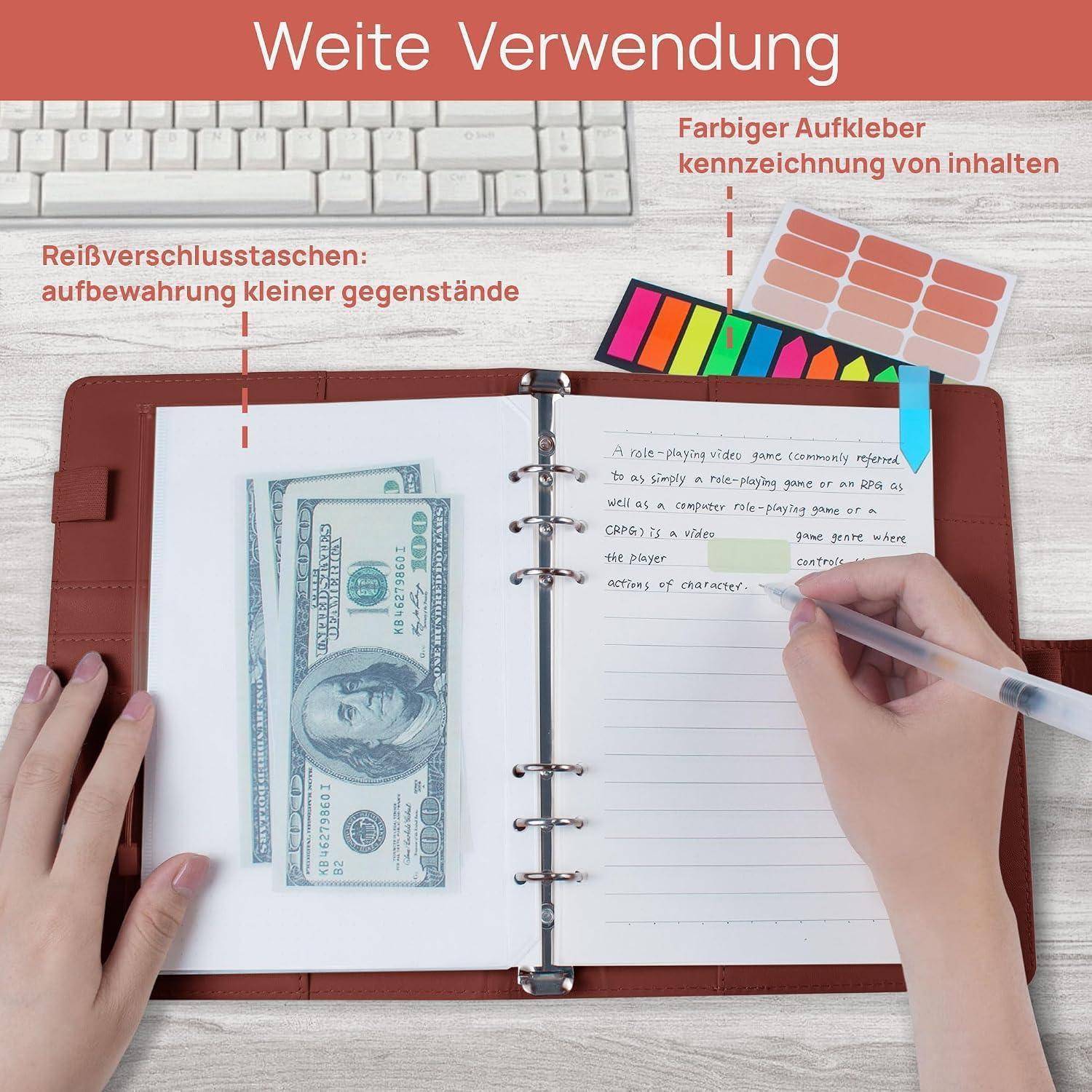 Offener Ordner zur Wiederverwendung mit einer Reißverschlusstasche, die Geld enthält, und farbigen Haftnotizen, die den Inhalt kennzeichnen.