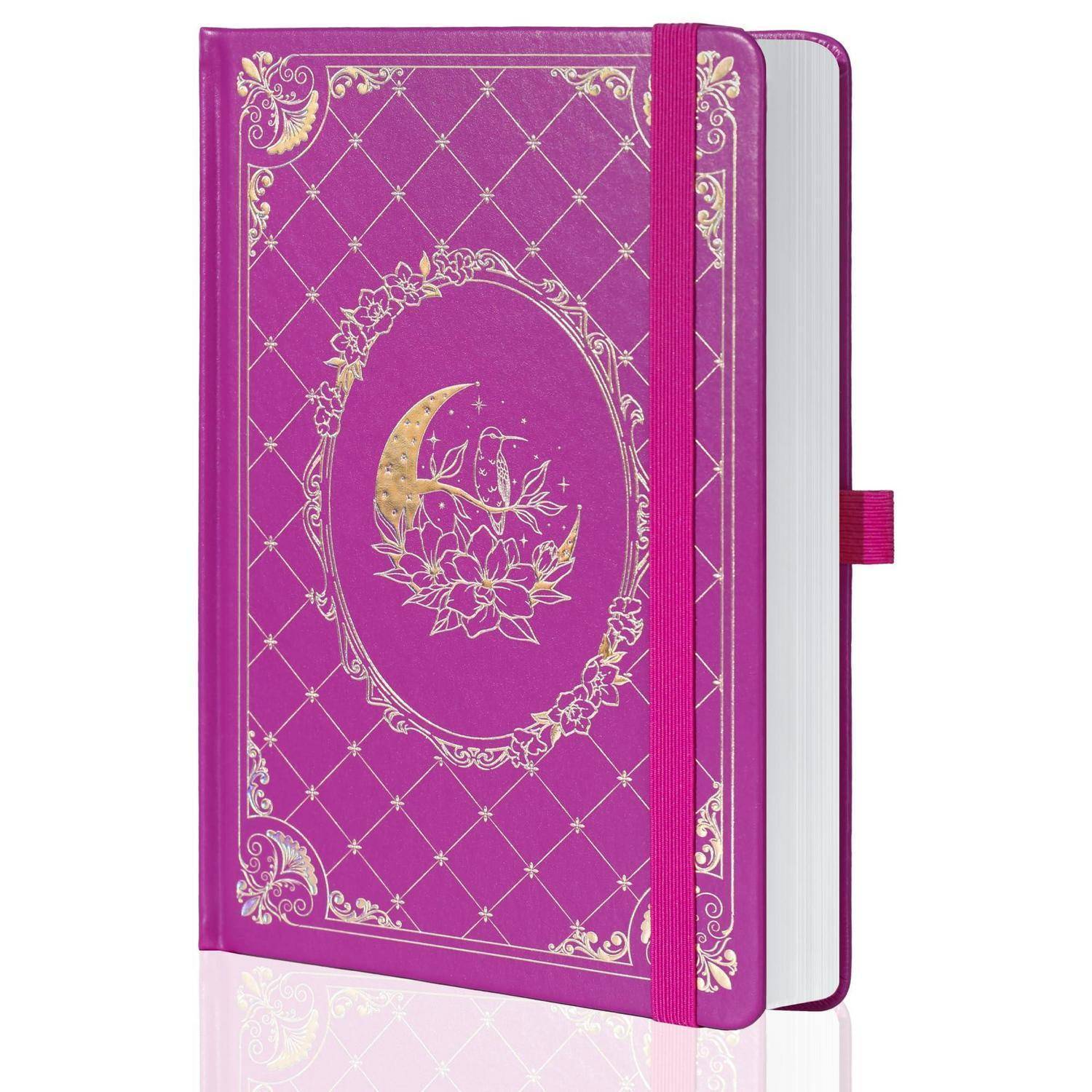 Rosa Blüten-Hardcover-Notizbuch mit Gummizugverschluss und Lesebändchen, geschlossen auf weißem Hintergrund dargestellt.