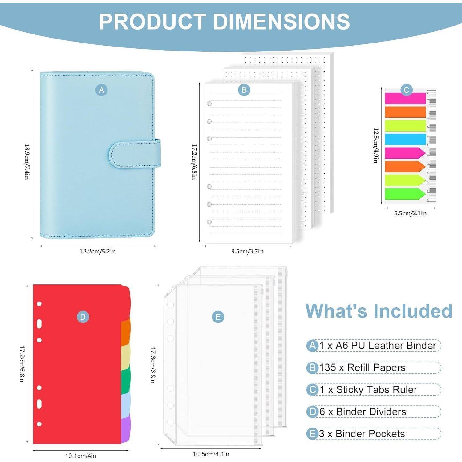 Produktdimensionenchart für einen A6 PU-Lederbinder mit Nachfüllpapiergröße, Klebeetiketten-Lineal, Bindertrennern und Bindertaschen mit Maßen.