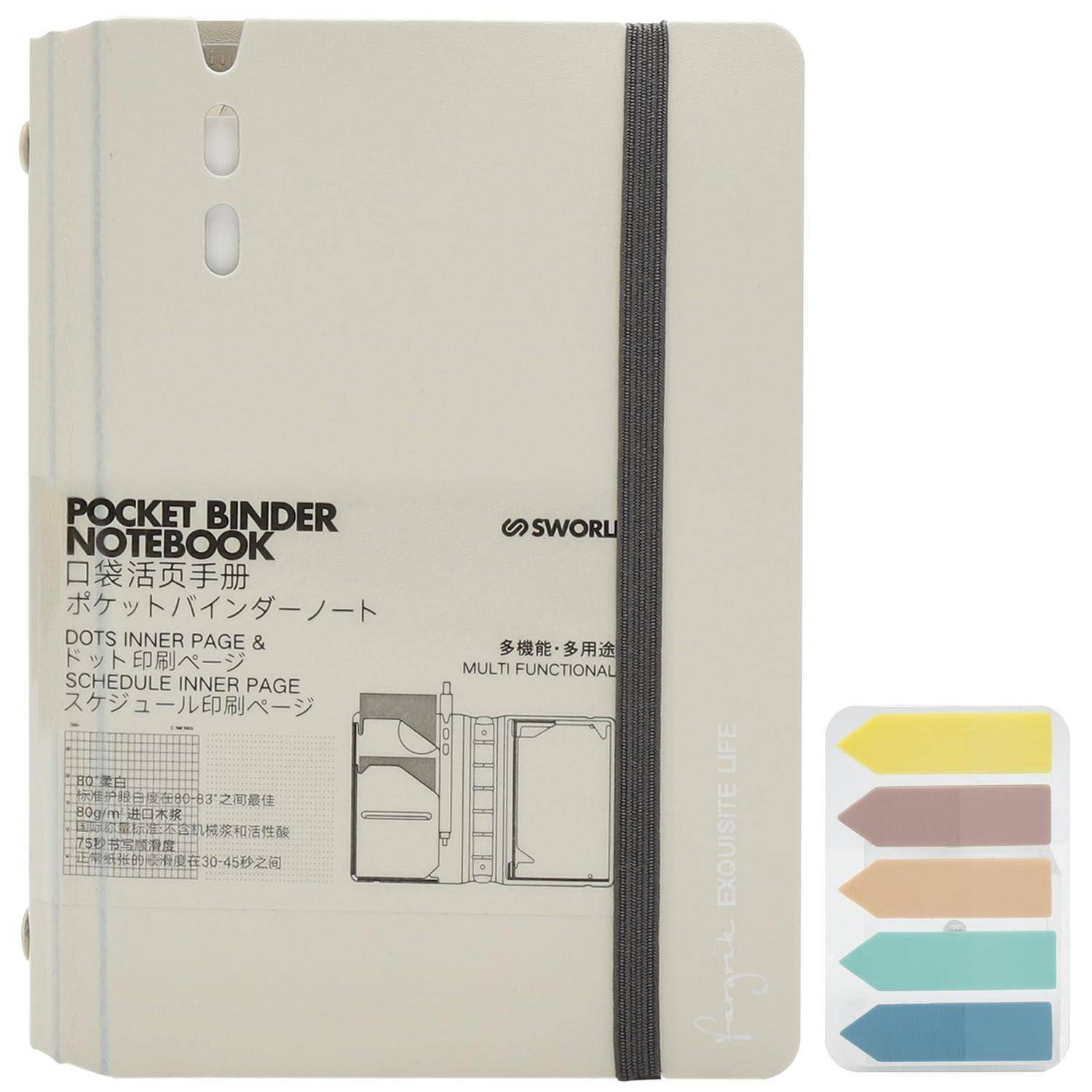 Beige-farbiges Notizbuch mit Taschen und schwarzem Gummiband sowie mehrsprachigem Produkttext, dargestellt neben fünf farbigen Registerreiter-Trennern.