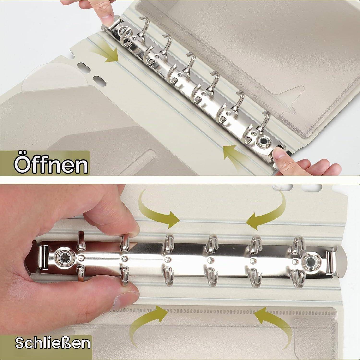Zweiteiliges Nahaufnahmebild eines Ringbindermechanismus beim Öffnen und Schließen, mit Pfeilen und den deutschen Beschriftungen 'Öffnen' und 'Schließen'.