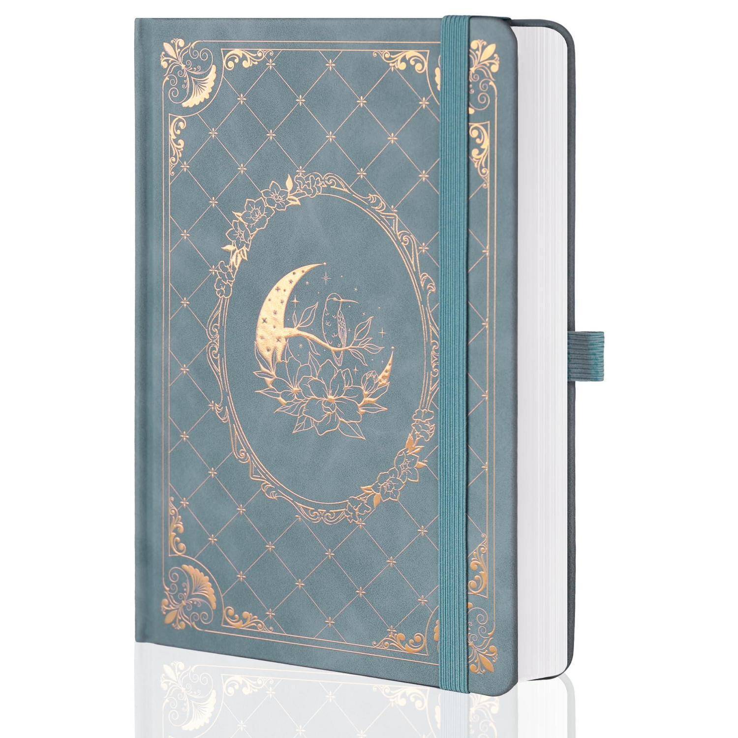 Teal-farbenes Hardcover-Notizbuch mit goldenem florales Mondmuster, elastischem Verschluss und sichtbarem Bandlesezeichen an der Seite.