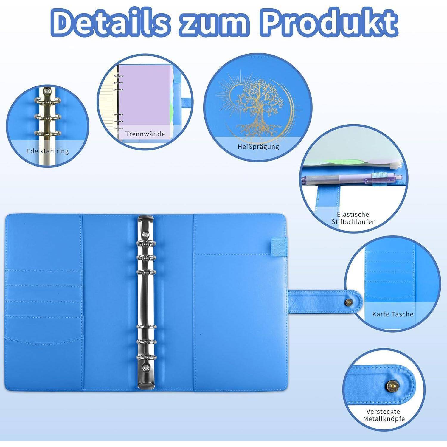 Blauer Ringordner mit Organizer und beschrifteten Nahaufnahmen, die Edelstahlringe, Trennwand, geprägtes Logo, elastische Stiftschlaufen, Kartenfach und versteckte Metallknöpfe zeigen.