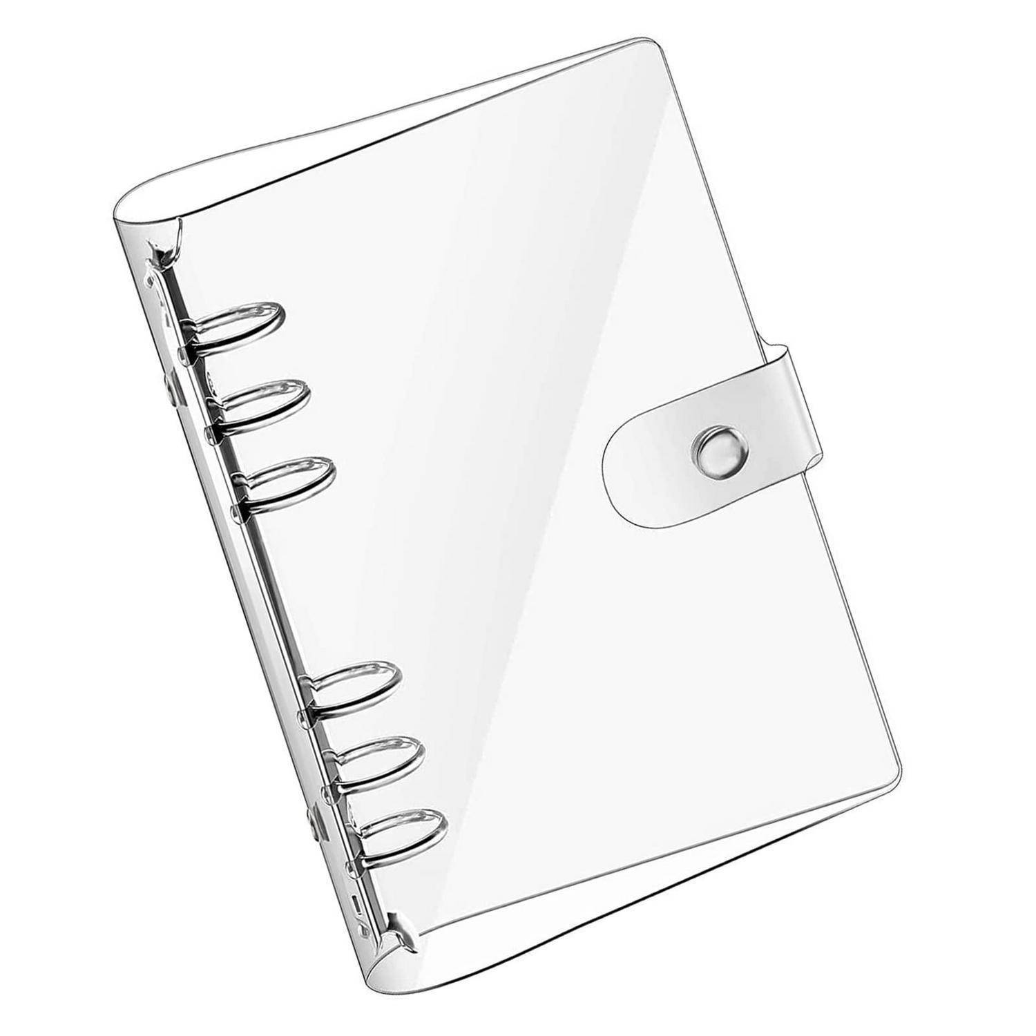 Weißer Sechsring-Bindernotizbuch mit Druckknopfverschluss, geschlossen auf einfachem Hintergrund dargestellt.