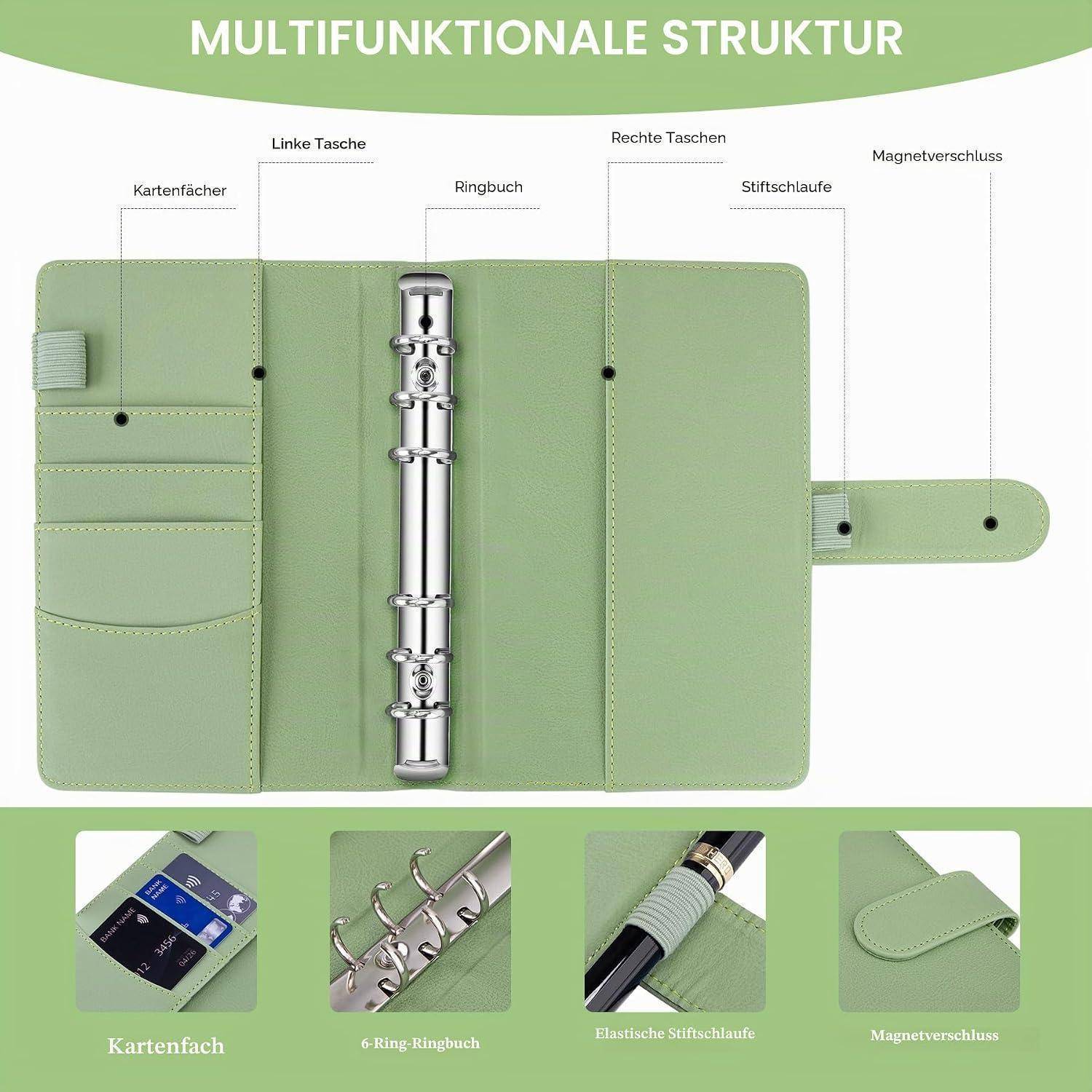 # Grüne Multifunktions-Notizbuch-Ordner-Organizer mit Kartentaschen, Ringordner, Stiftschlaufe und Magnetverschluss