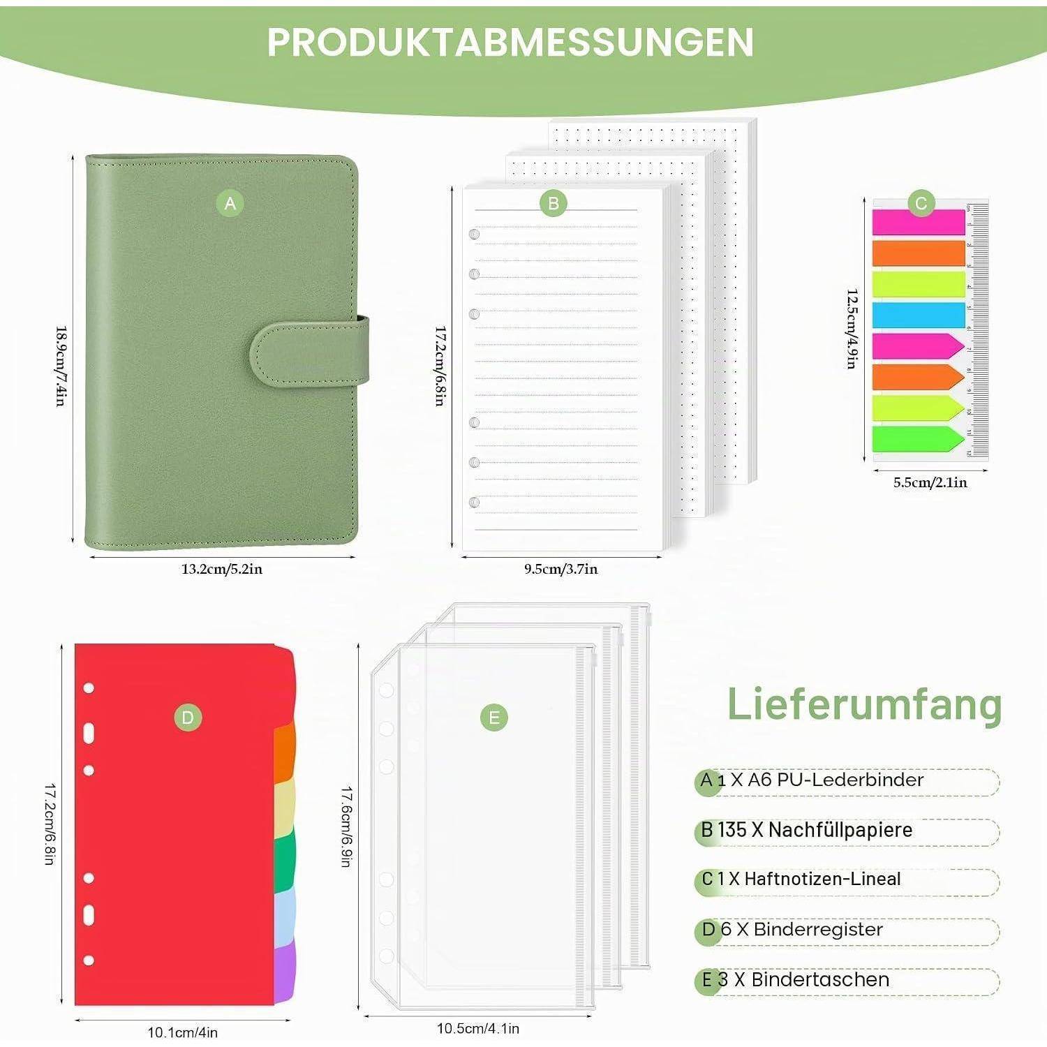 Produktmaßdiagramm für einen grünen A6-Lederschreibblock und beigefügte Einsätze: liniertes Papier, farbige Registerkarten, roter Trennblatt und transparente Ordnermappen mit deutschen Beschriftungen.