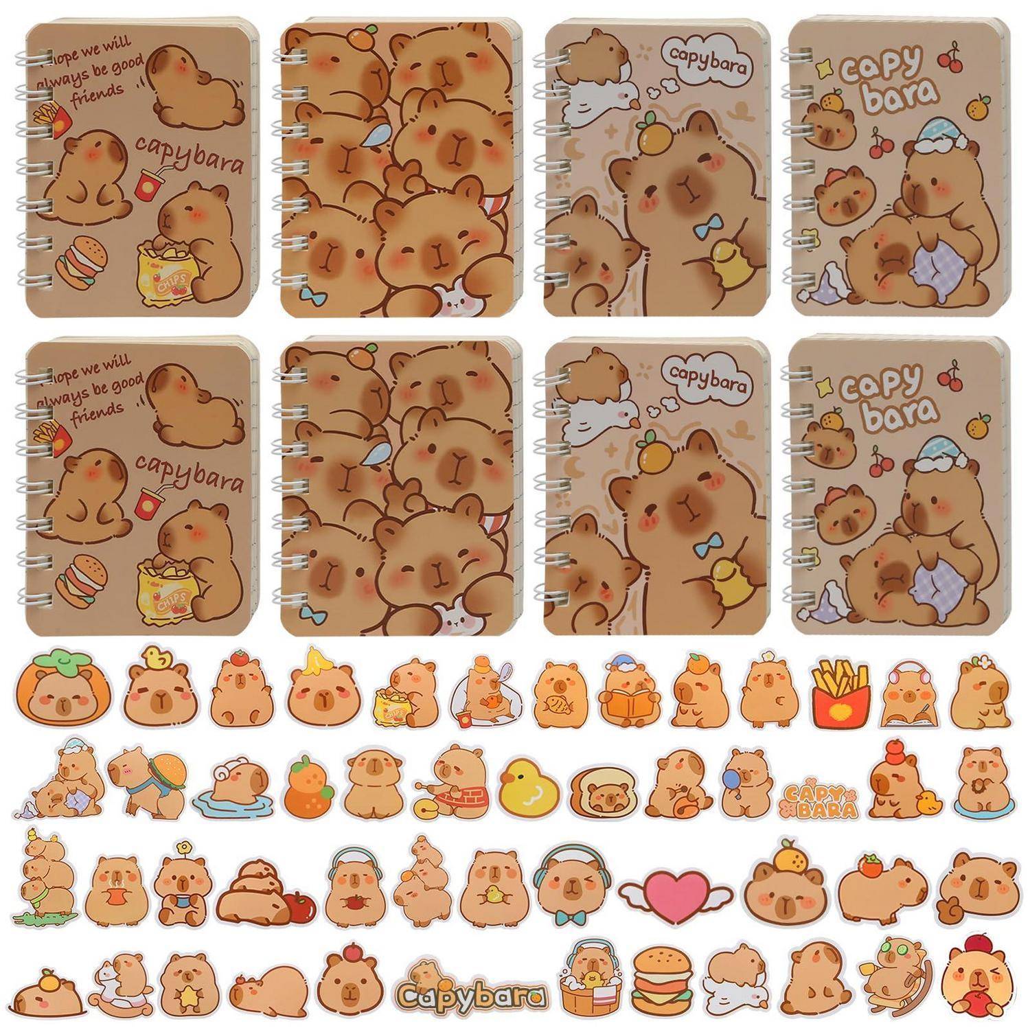 Collage von niedlichen Capybara-Aufklebern und Notizbucheinbänden, einschließlich wiederholter 