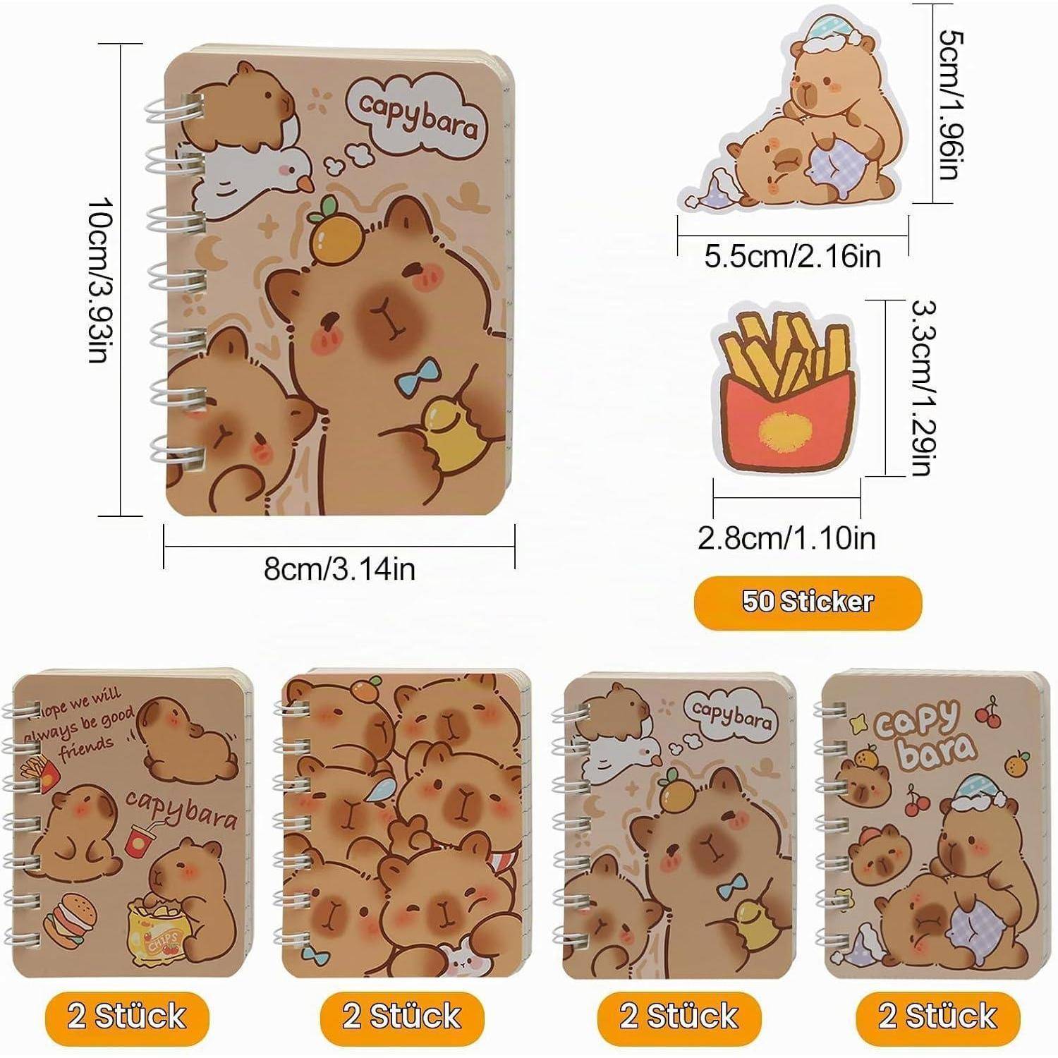 Capybara-Motiv-Sticker-Notizbuch-Set mit angegebenen Abmessungen: 10 x 8 cm Notizbuch, zwei Charakter-Sticker, Pommes-Frites-Sticker und vier 2-teilige Sticker-Designs.