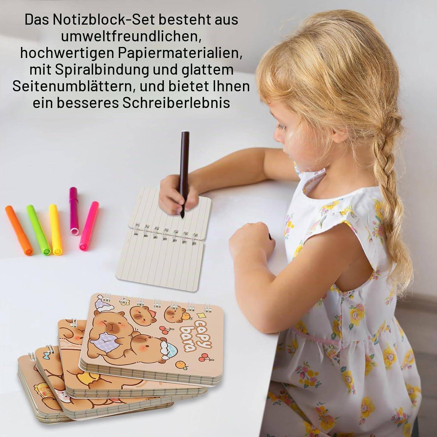 Ein junges Mädchen schreibt in einem Spiralblock neben bunten Stiften und gestapelten Notizbüchern mit Bärenmotiven; deutscher Text bewirbt umweltfreundliches Papier und ein besseres Schreiberlebnis.