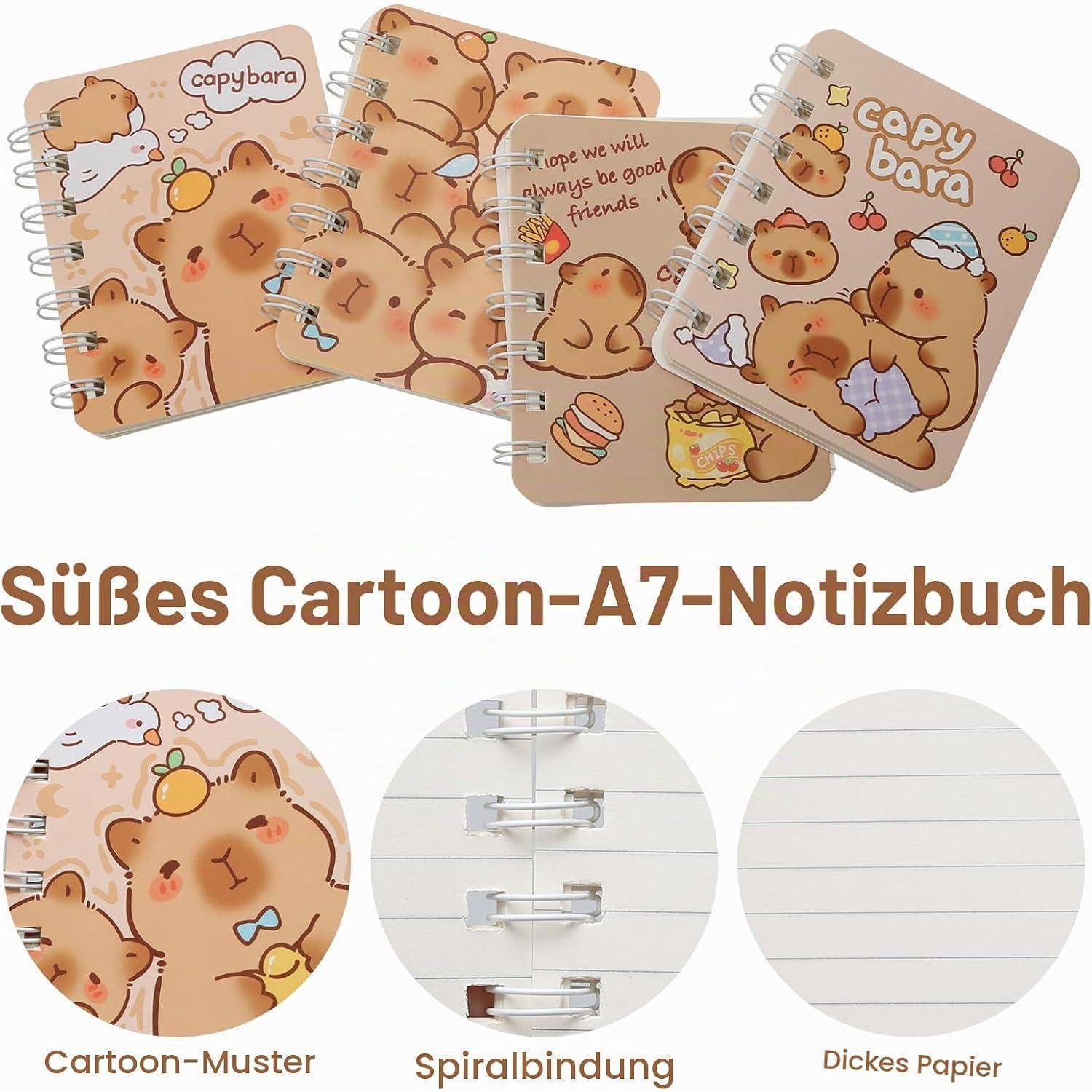 Entzückendes Capybara-Design A7-Spiralblockset mit Cartoon-Umschlägen, liniierten Seiten und Produktmerkmalen mit der Kennzeichnung „Cartoon-Muster