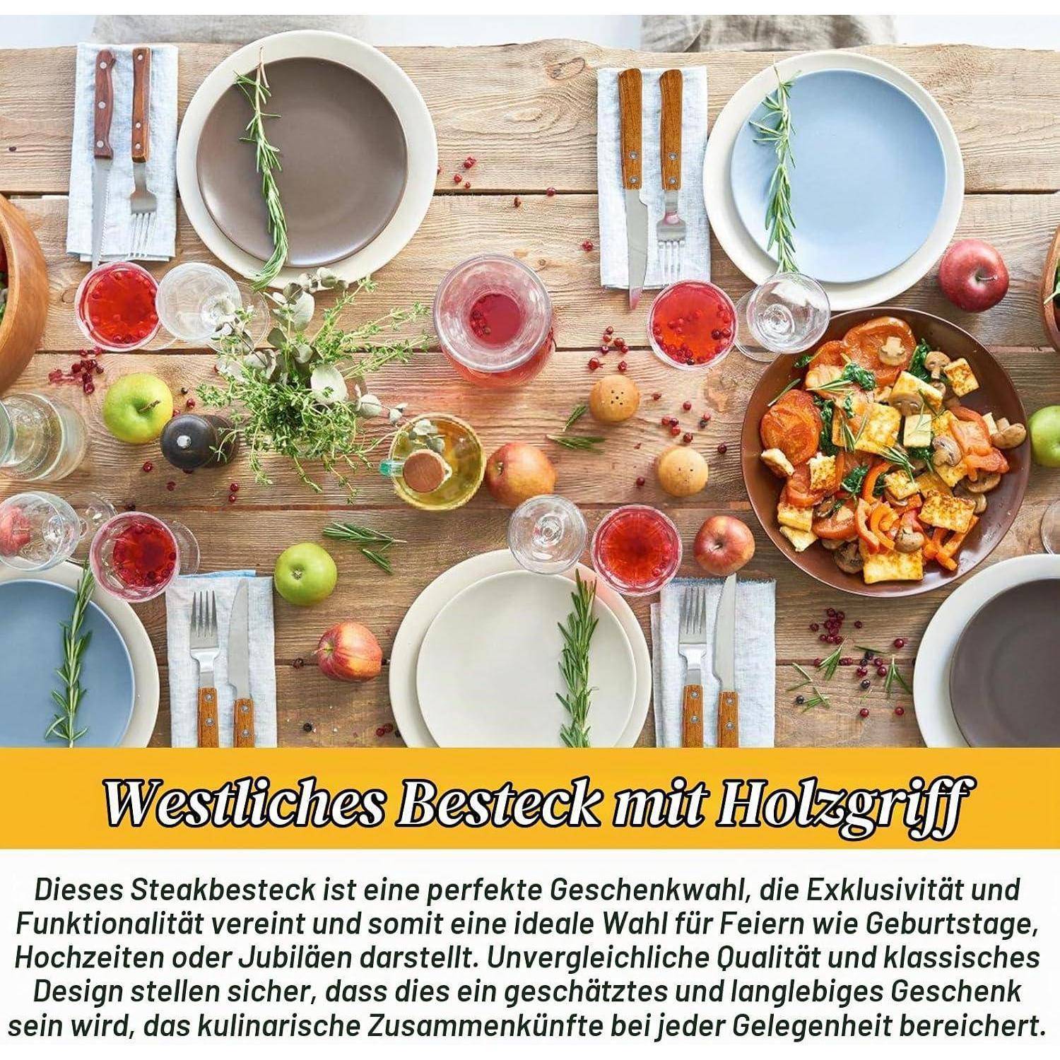 Tisch gedeckt mit Steakbesteck mit Holzgriff, Tellern, Gläsern, Obst und einer Platte mit Speisen; deutscher Text lautet „Westliches Besteck mit Holzgriff".