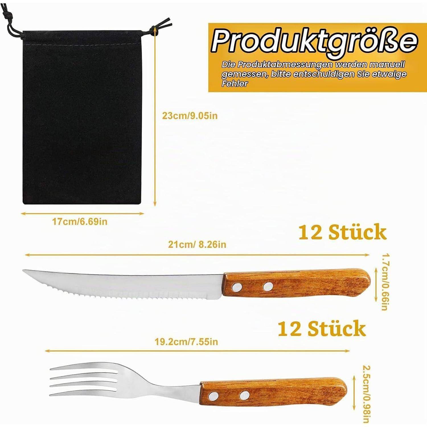 Produktgrößendiagramm mit einem schwarzen Kordelzugbeutel (23 x 17 cm) und einem 12-teiligen Messer- und Gabelset mit Holzgriffen, mit deutschen Beschriftungen.