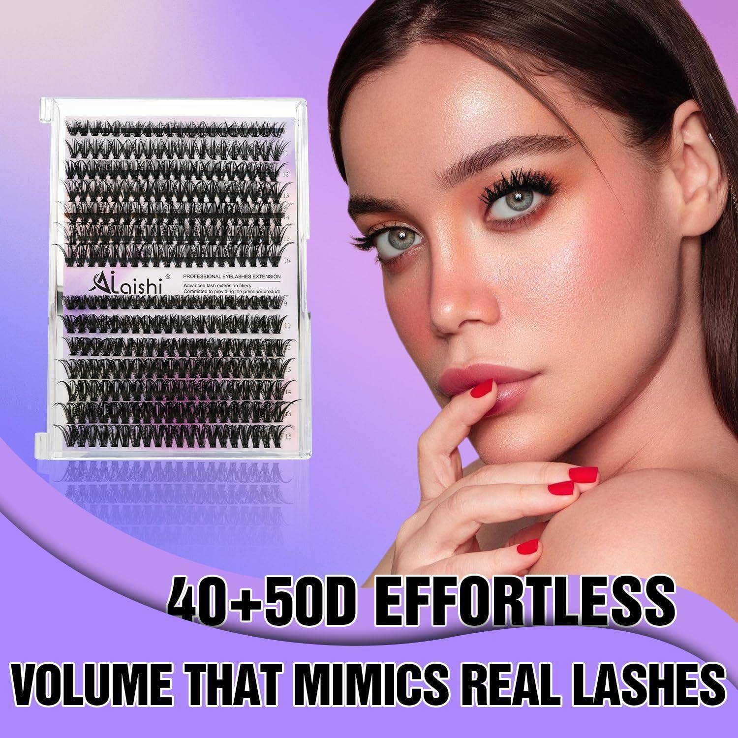 Anzeige für Laishi-Wimpernverlängerungen: eine Frau mit dramatischen Wimpern neben einem Wimperntablett, mit dem Text „40+50D MÜHELOSES VOLUMEN, DAS ECHTE WIMPERN NACHAHMT