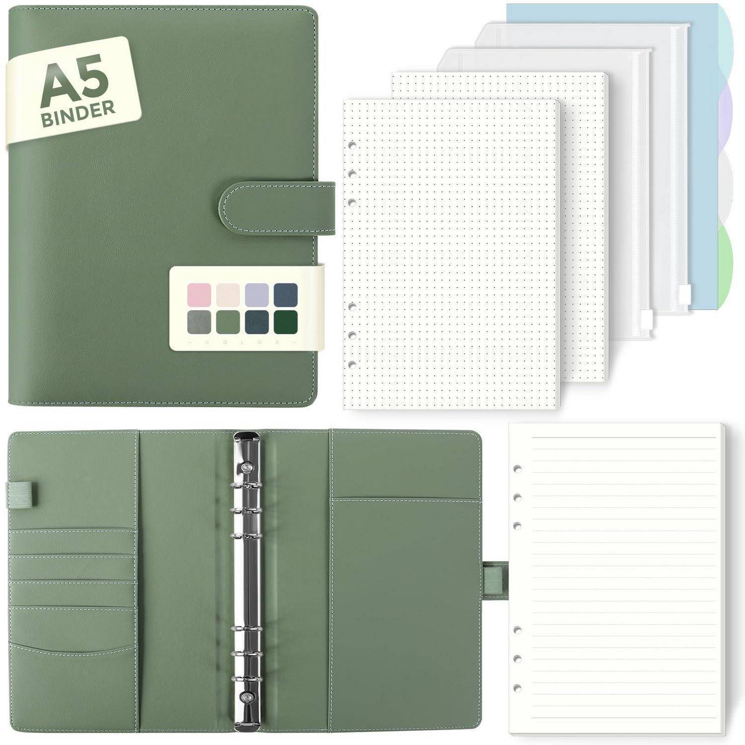 Grüner A5-Ordner mit Druckknopfverschluss, Stiftschlaufe und Kartenfächern, dargestellt mit eingefügtem Ringmechanismus und Nachfüllsets mit gepunkteten und linierten Papierseiten.