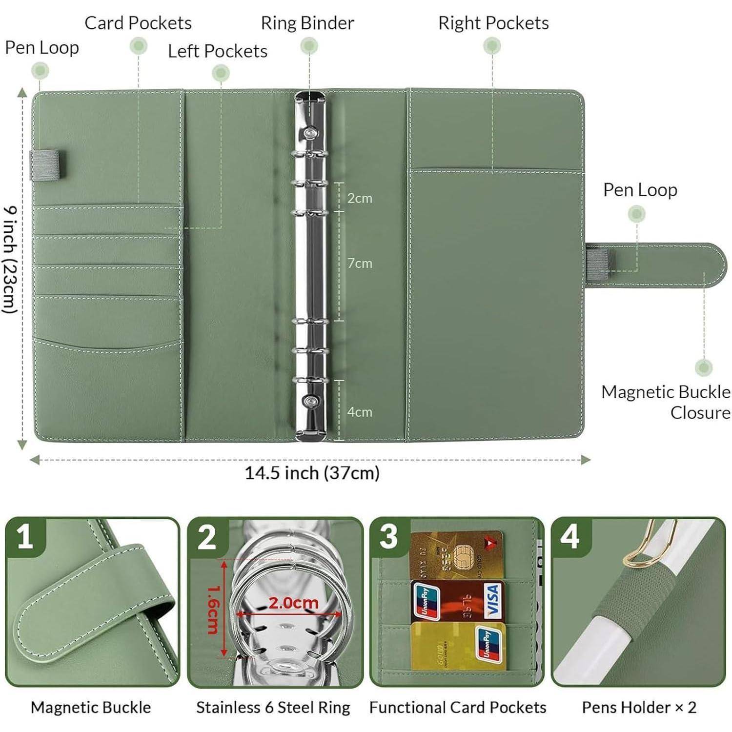 Grüner Ringordner mit sechs Ringen, geöffnet dargestellt, mit beschrifteten Kartentaschen, Stiftschlaufen, rechten Taschen und magnetischem Schnallenverschluss; Größe 14,5 x 11,6 Zoll.