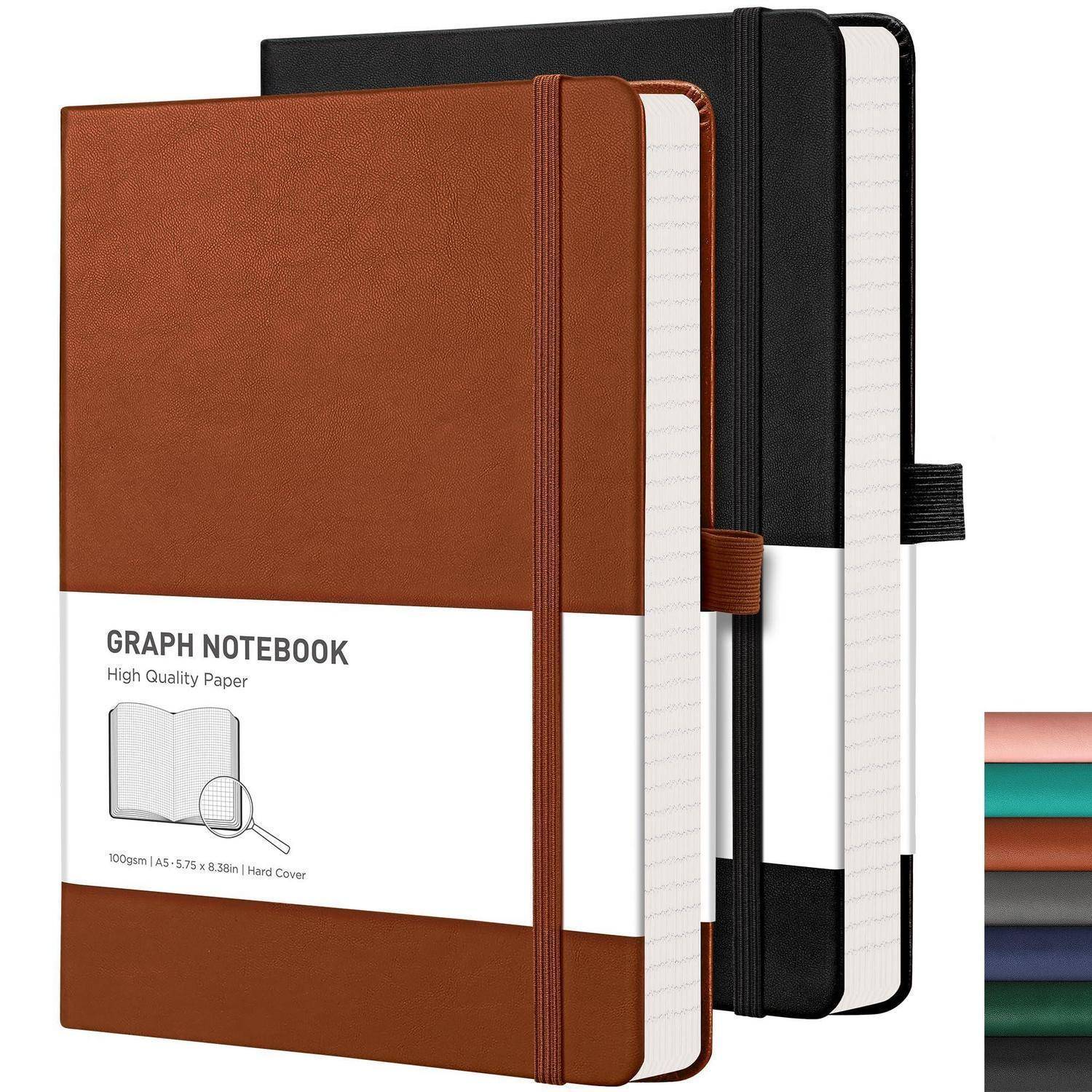 Produktbild von drei Hardcover-Graphnotizbüchern mit elastischen Verschlüssen, beschriftet mit „GRAPH NOTEBOOK