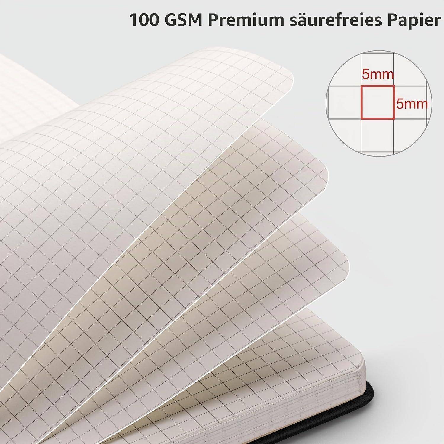 Stapel von Millimeterpapierblättern mit 5-mm-Raster, gekennzeichnet mit „100 GSM Premium säurefreies Papier