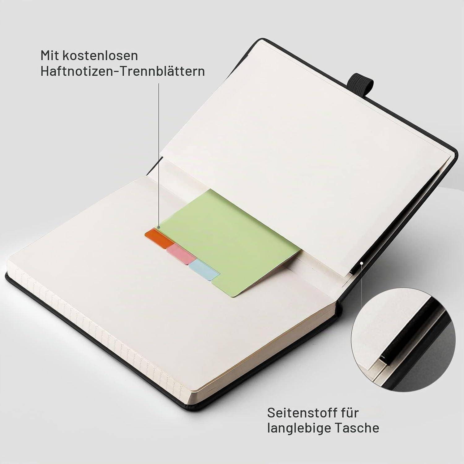 # Offenes Notizbuch mit farbigen Haftnotizen-Registern und Beschriftungen in Deutsch, die kostenlose Trennreiter und langlebige Seitenstoff-Taschen hervorheben.