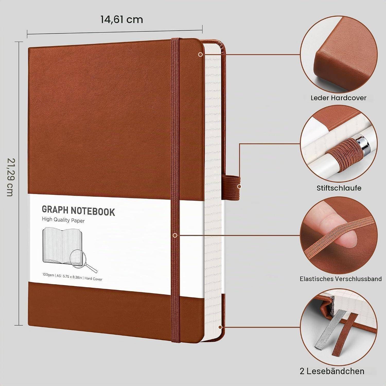 Braunes Notizbuch im Graphik-Design mit Ledereinband, Gummibandverschluss, Stiftschlaufe und zwei Lesebändchen; 14,61 x 21,29 cm.