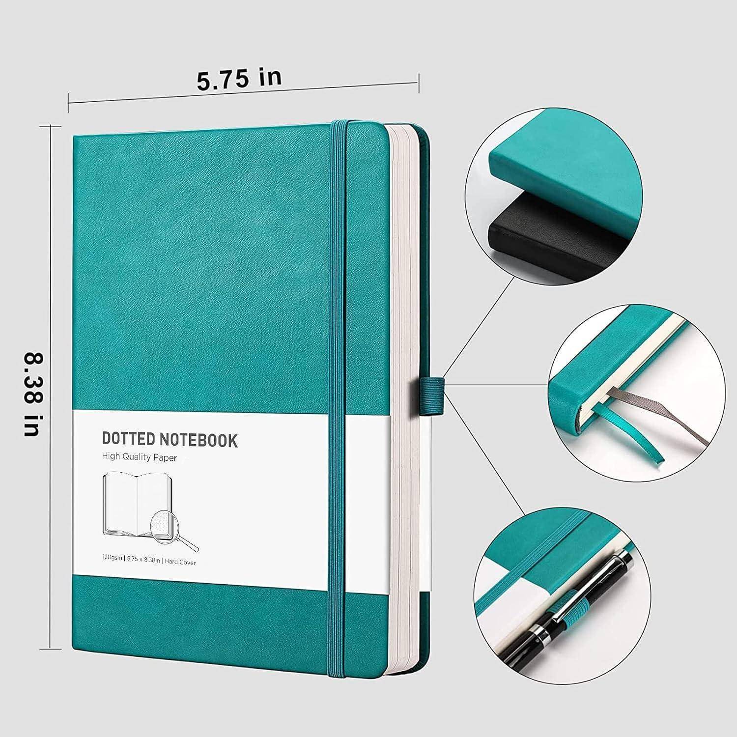 Notizbuch mit Teal-Punktmuster und Gummiband, gezeigt mit Abmessungen von 5,75 Zoll x 8,38 Zoll und Nahaufnahmen von Umschlag, Lesezeichen und Stiftschlaufe.