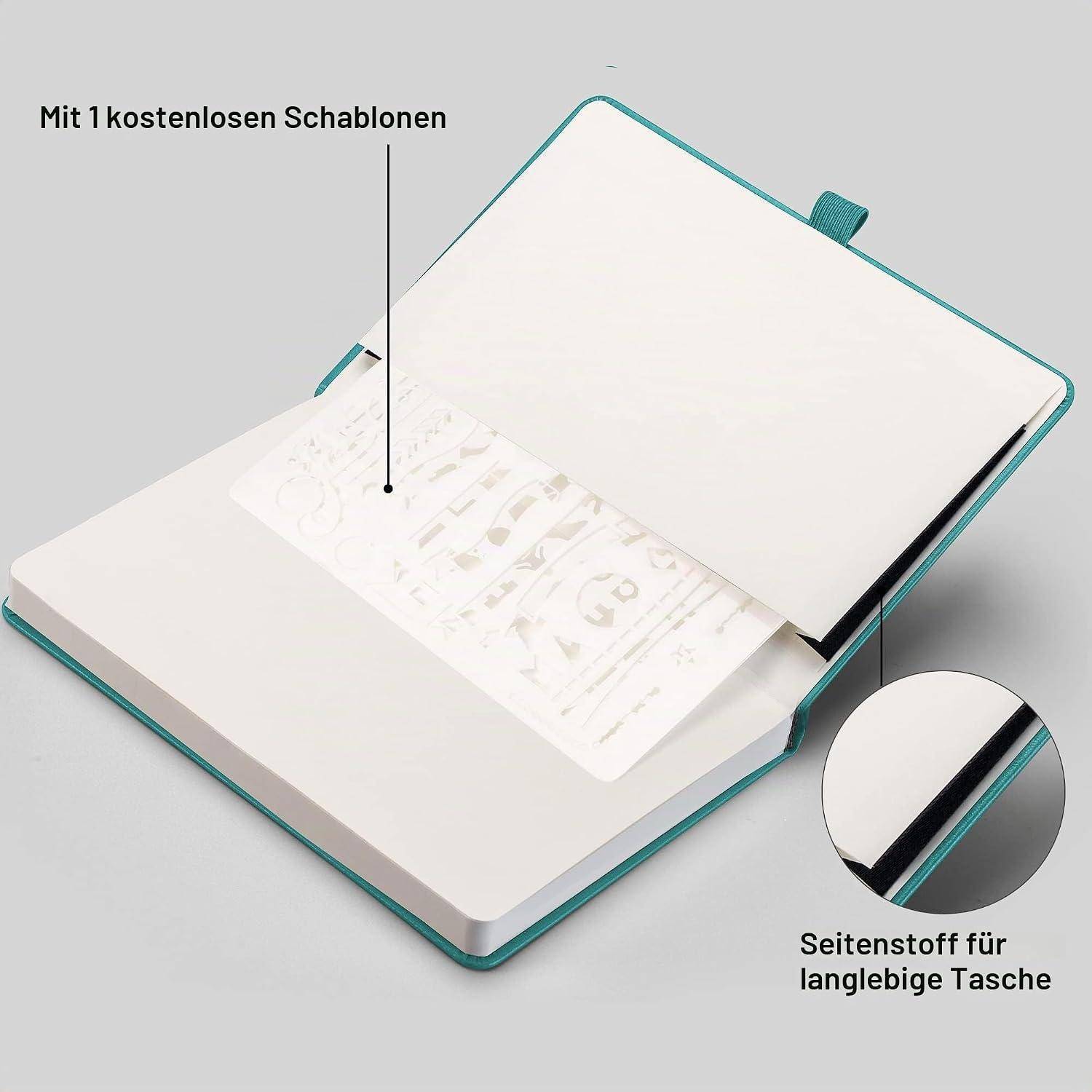 Öffnen Sie das Notizbuch mit innenliegender Schablonenseite, beschriftet mit „Mit 1 kostenlosen Schablonen
