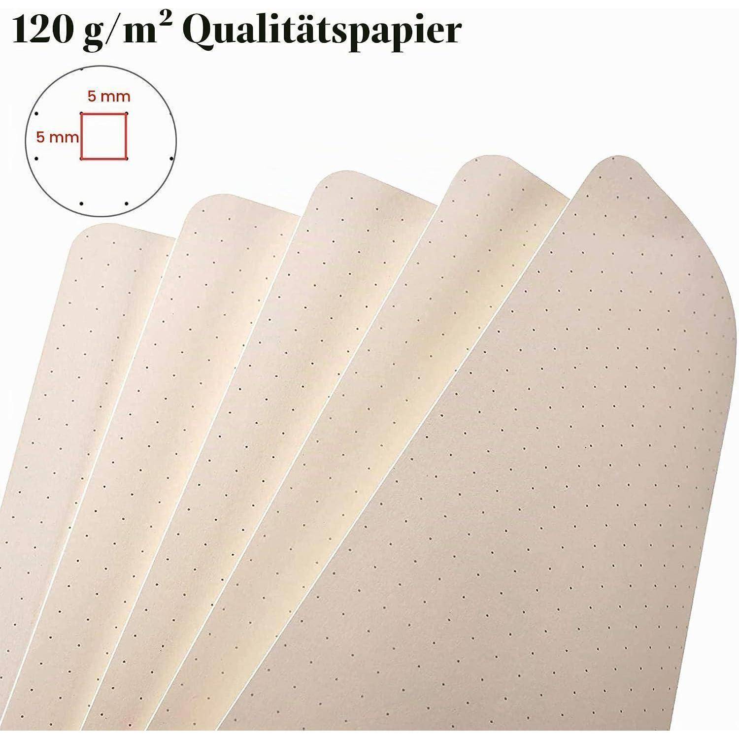 Fünf cremefarbene perforierte Papierbogen als Muster gezeigt, beschriftet mit „120 g/m² Qualitätspapier