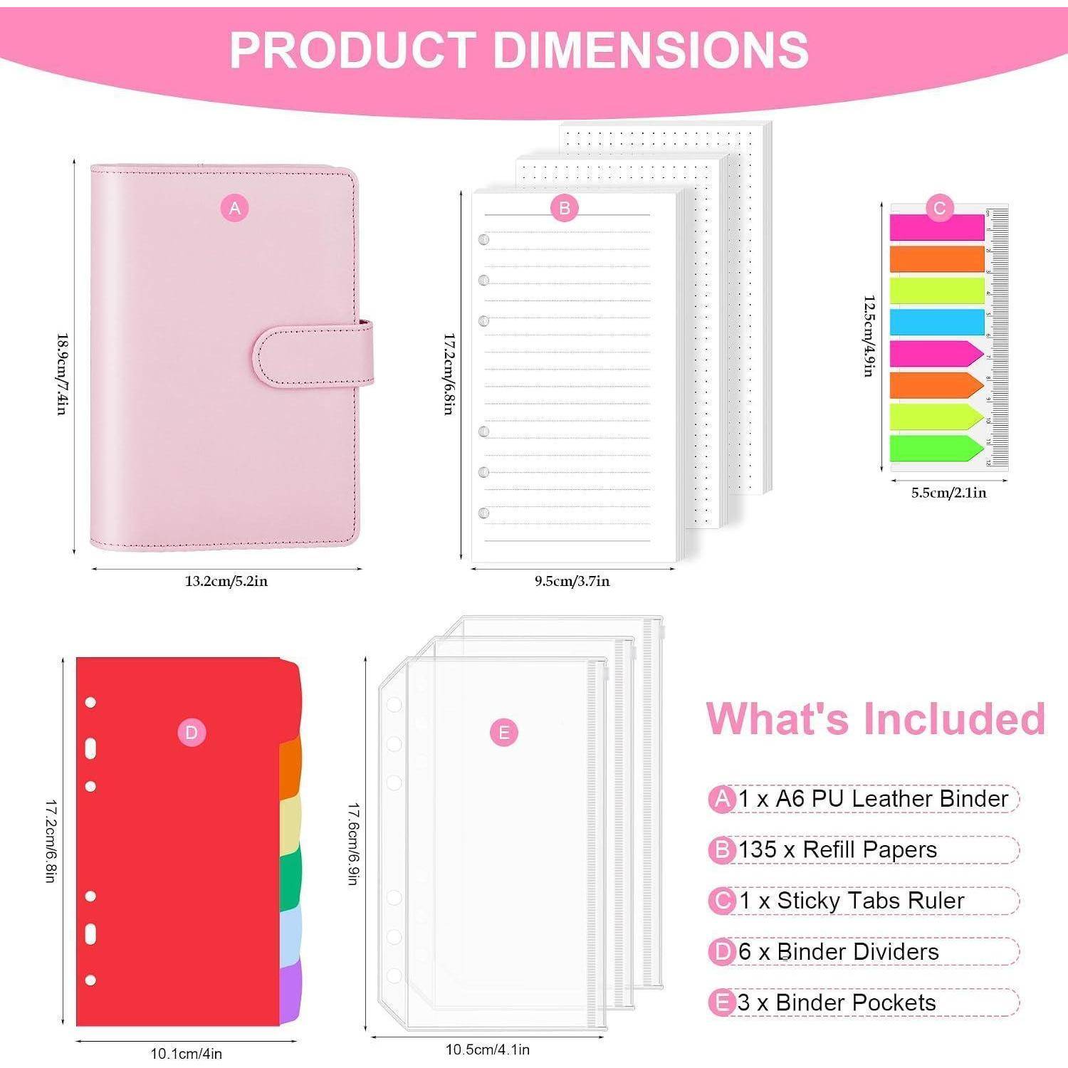 AKONEGE Ringbuch A6 PU-Leder nachfüllbares Notizbuch mit 135 Blatt 6 Löcher A6-Nachfüllpapier, Bindertaschen, Trennblätter, Haftmarkern, Planer-Or