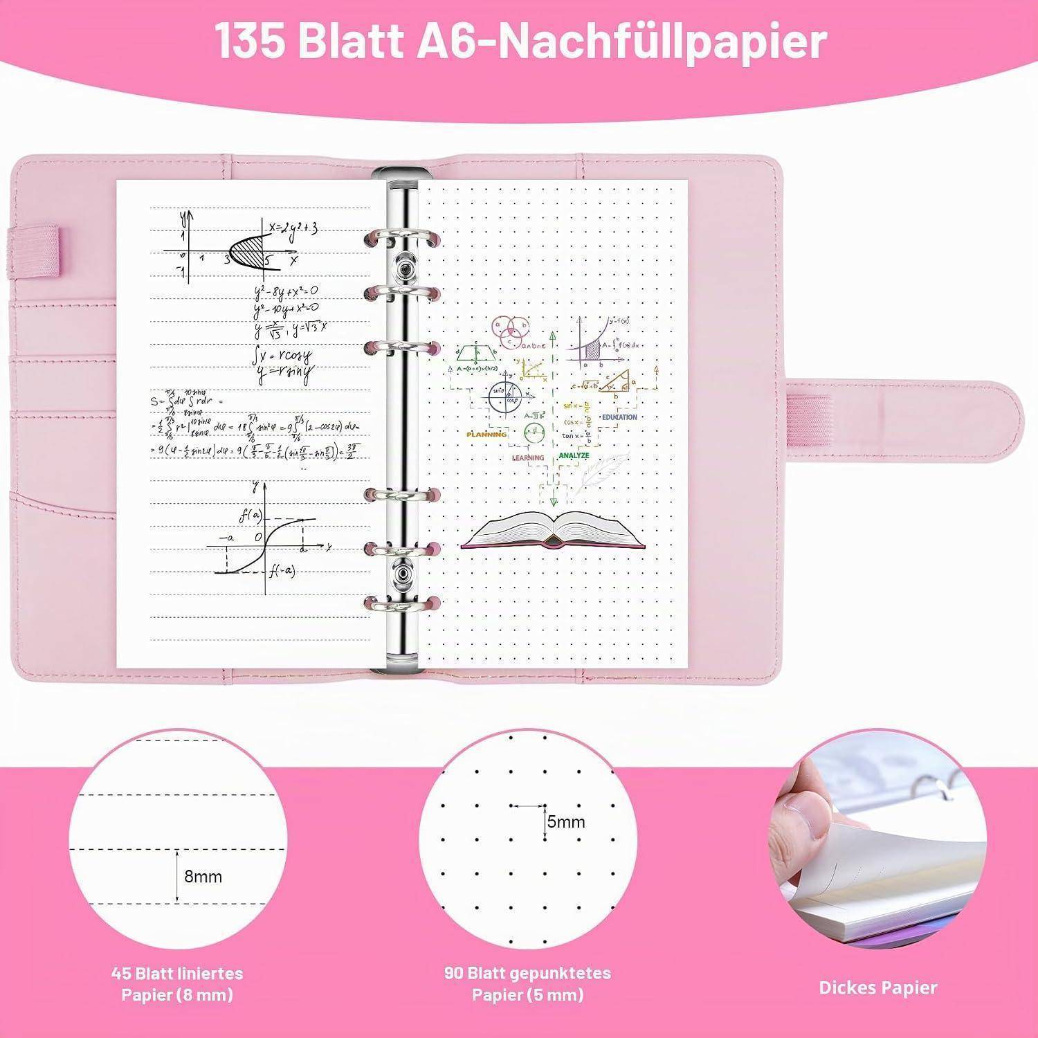 Rosa A6 ringgebundenes Nachfüllnotizbuch mit liniierten und gepunkteten Seiten; Text besagt „135 Blatt A6-Nachfüllpapier