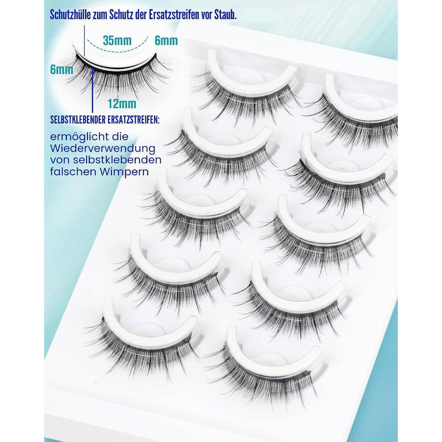 Wiederverwendbare selbstklebende künstliche Wimpern auf gekrümmten Haltern, gekennzeichnet als Staubschutzstreifen zur Konservierung von Wimpern; enthält Größenmessungen.