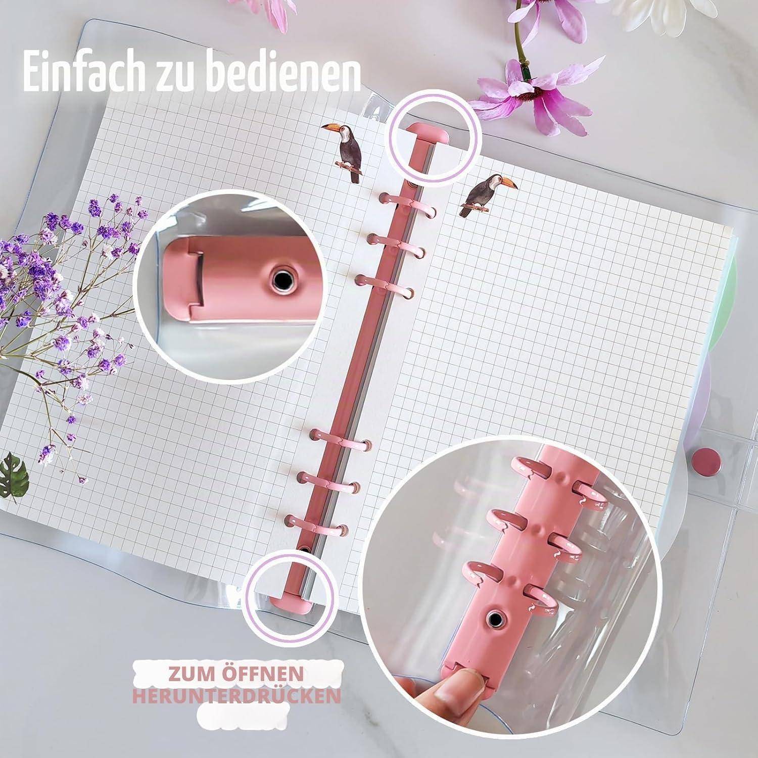 Rosa Ringbuch-Notizbuch mit deutschen Anweisungen zur Öffnung der Ringe durch Drücken nach unten; vergrößerte Detailansichten zeigen den rosa Mechanismus und den Knopf.