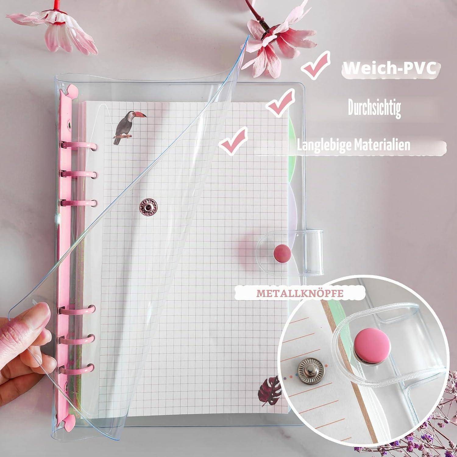 Durchsichtige rosa PVC-Plannerhulle mit rosa Scheiben und Metallknopf, aufgeklappt über Millimeterpapier gezeigt; beschriftet mit „Weich-PVC