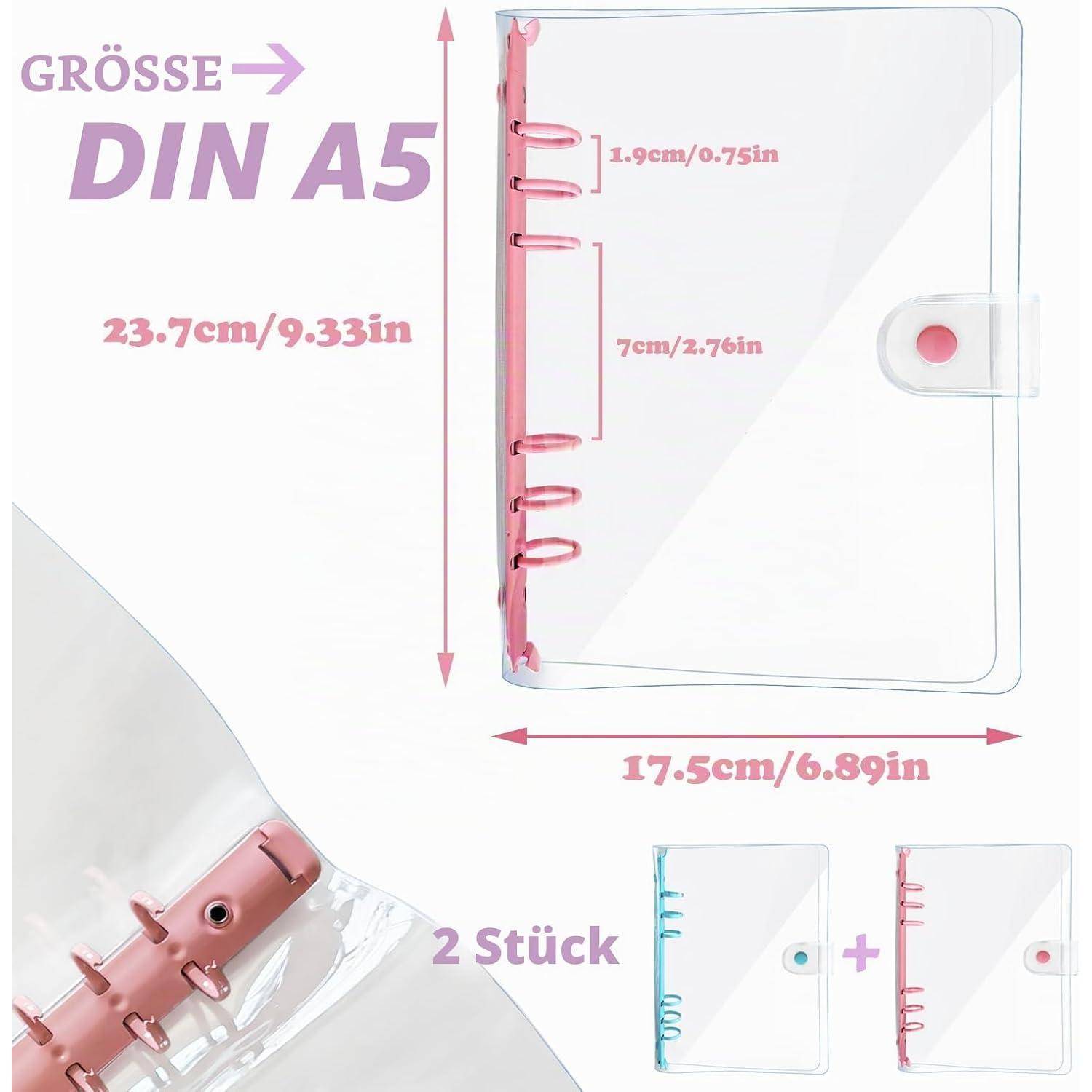 Größentabelle für ein transparentes DIN A5 Ringbinder-Notizbuch mit den Abmessungen 23,7 cm x 17,5 cm, Ringbreite 1,9 cm und 2 Stück im Lieferumfang enthalten.