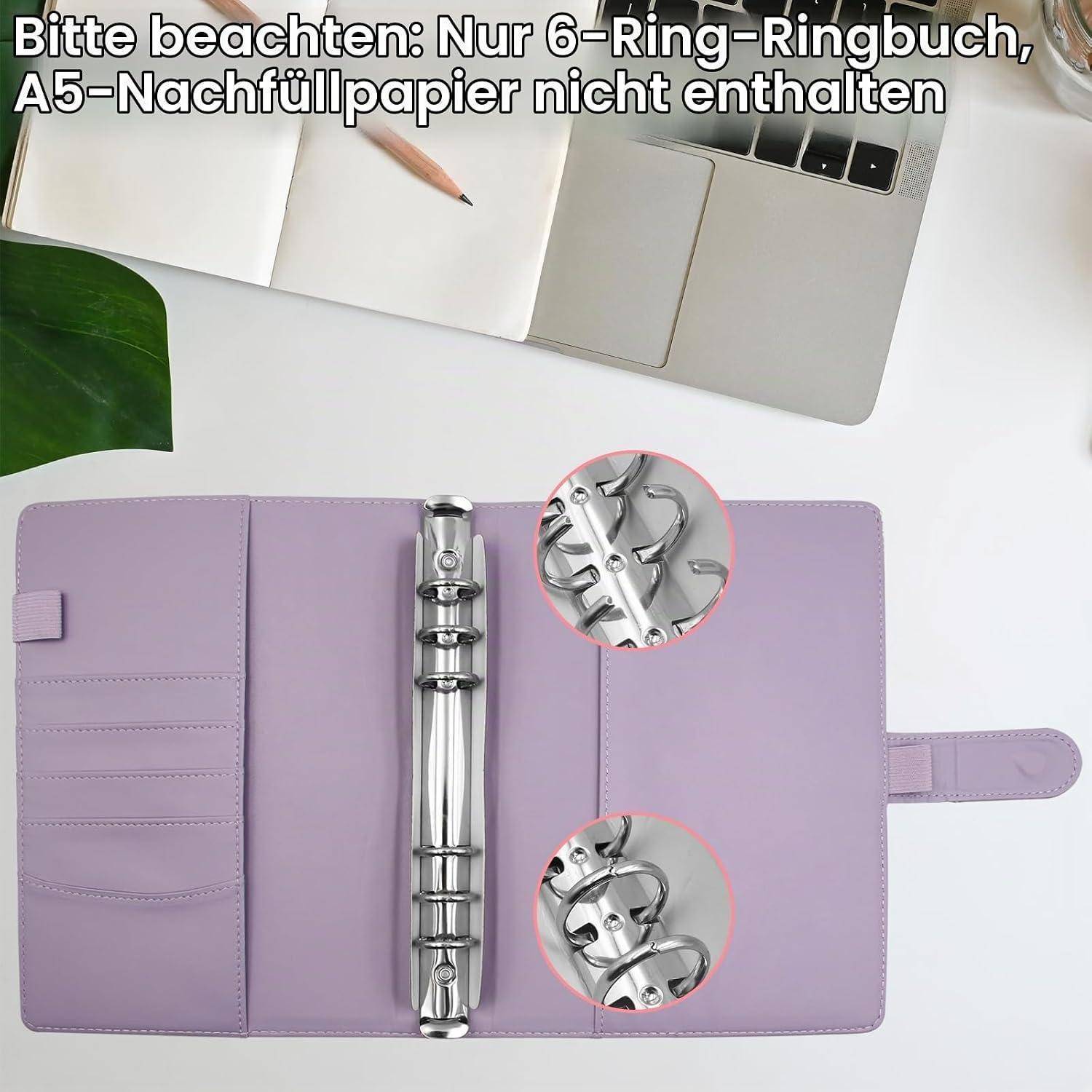 Lavendelfarbener 6er-Ring-Ordner-Planer, offen gezeigt mit Metallringen; deutscher Text besagt 6er-Ring-Ordner nur, A5-Nachfüllpapier nicht enthalten.