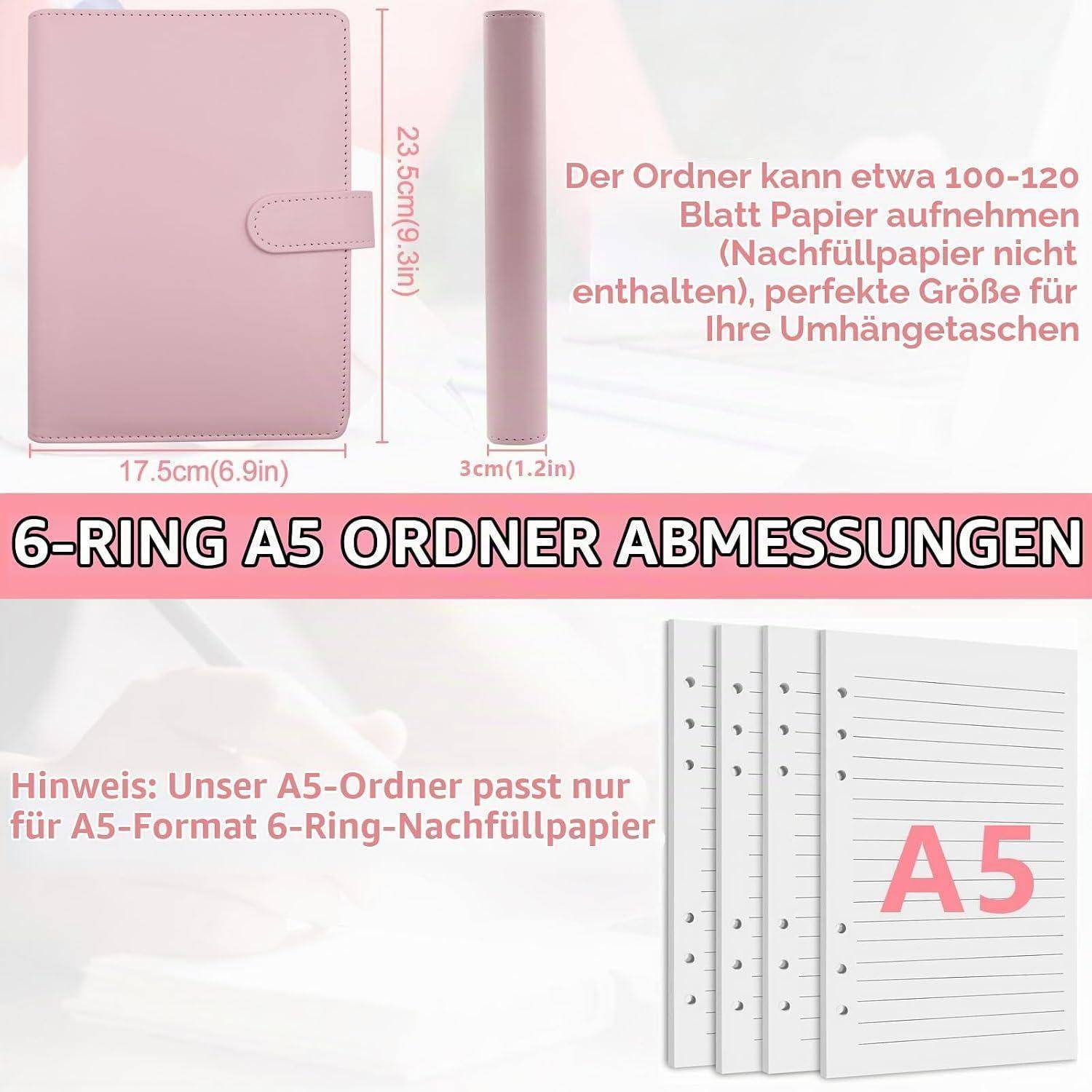 Rosa 6-Ring-A5-Ordner mit Abmessungen von 17,5 cm x 23,5 cm x 3 cm, fasst etwa 100–120 Blatt; Hinweis: passt nur zu A5-6-Ring-Ersatzpapier.