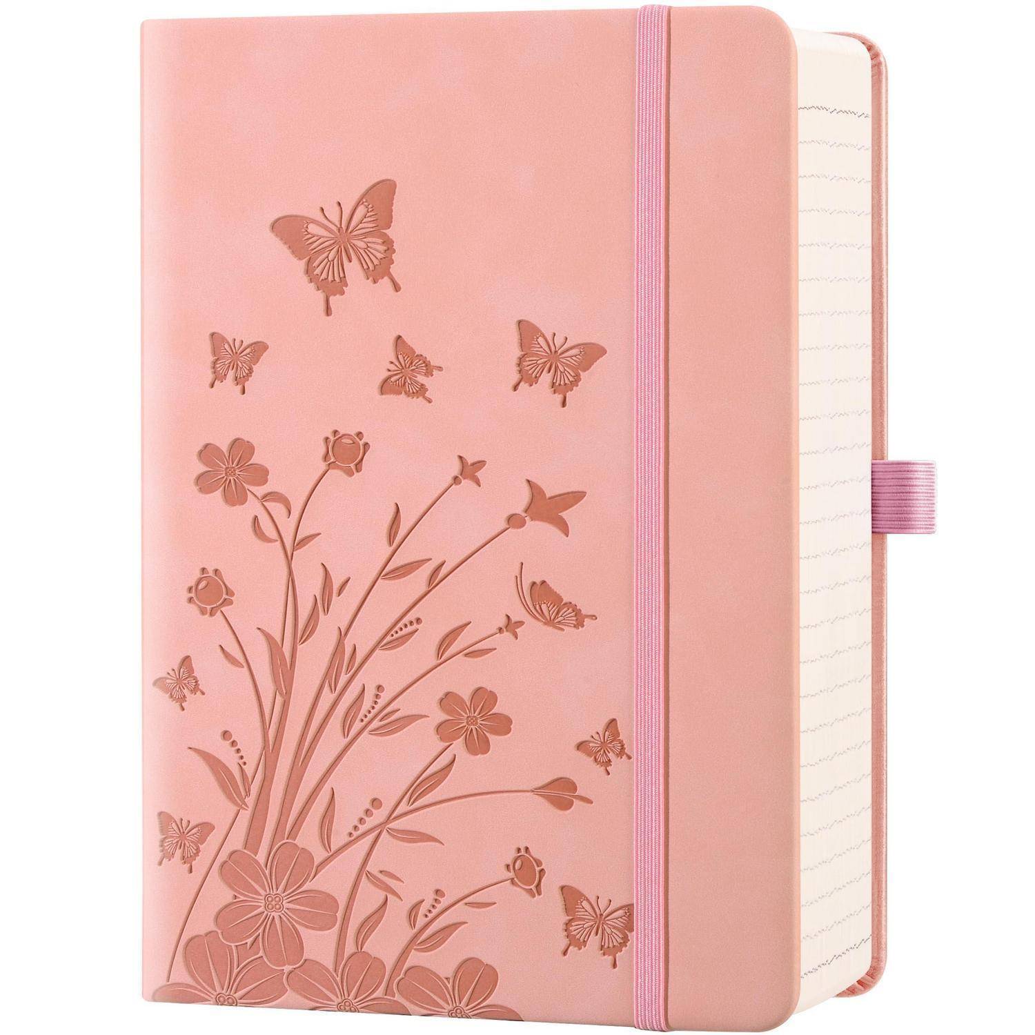 Rosa Blüten-Notizbuch mit Schmetterlings- und Blumencover-Design, elastischem Verschluss und Linienseiten, die seitlich sichtbar sind.