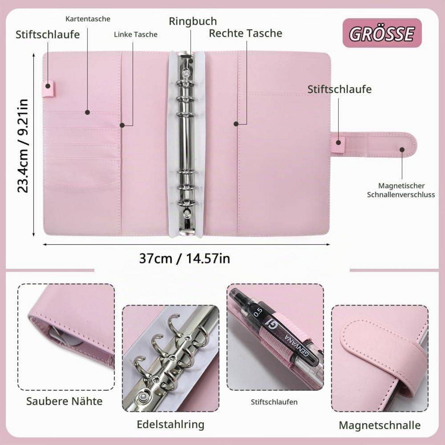 Rosa Ringbindernotizbuch-Organizer mit beschrifteten Taschen, Stiftschlaufen, magnetischem Verschluss, Edelstahlringen und Größe von 37 cm x 23,4 cm.