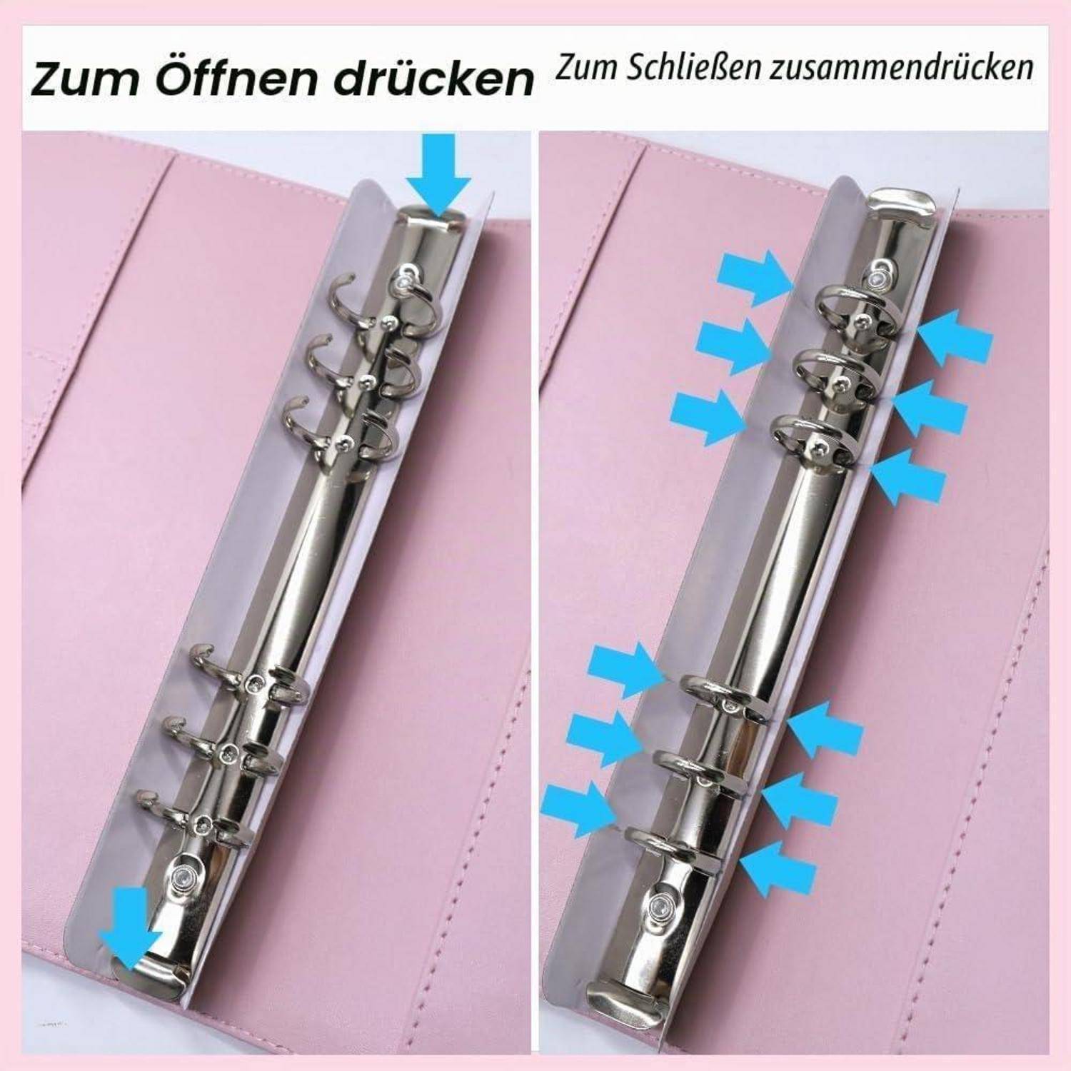 Illustrierter Ordnermechanismus: Drücken Sie die oberen und unteren Hebel, um die Ringe zu öffnen, und drücken Sie die Seiten zusammen, um sie zu schließen.