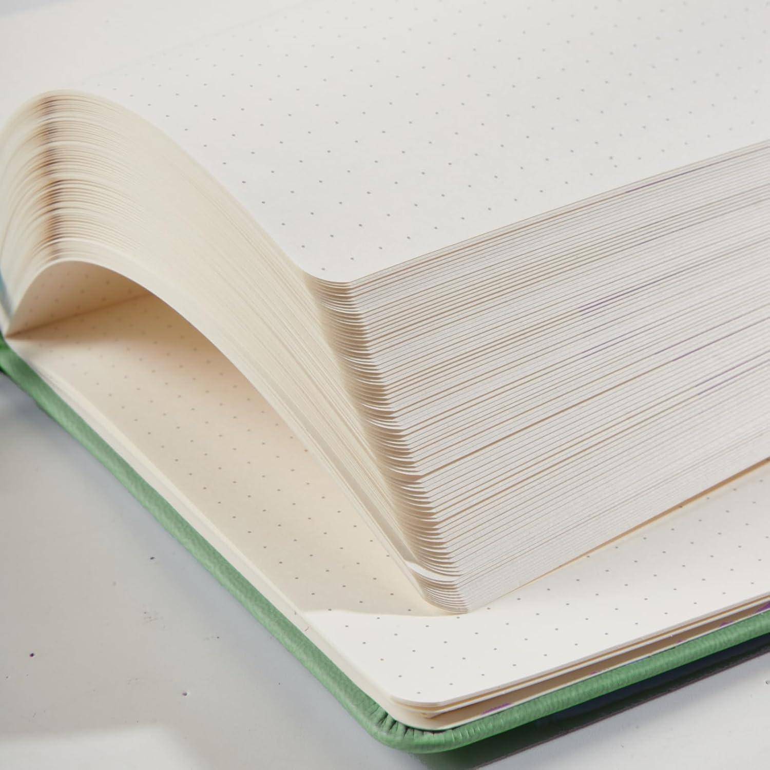 Offenes Notizbuch mit cremefarbenen gepunkteten Seiten und grünem Umschlag, in Nahaufnahme gezeigt mit Seiten, die in eine Wellenform gefächert sind.