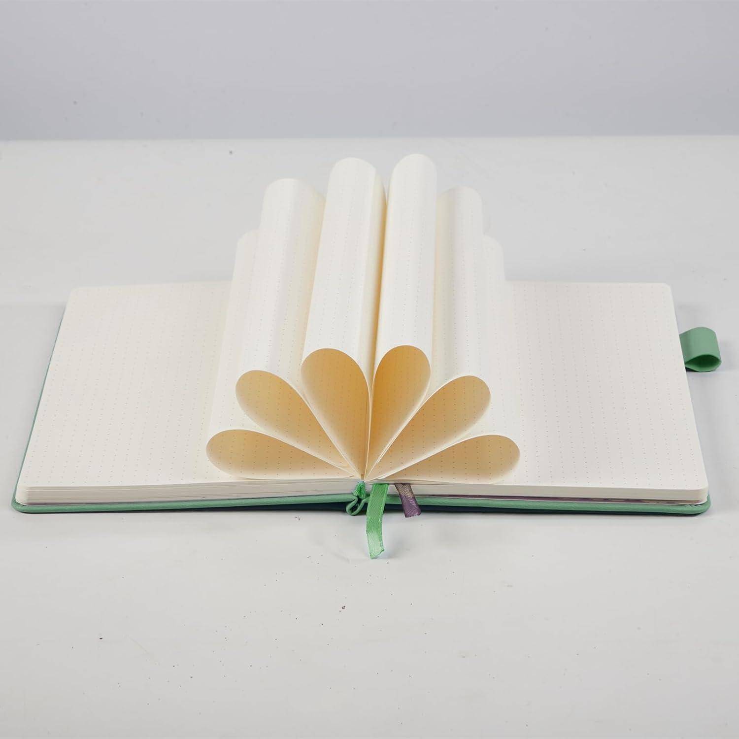 Offenes leeres Notizbuch mit gefalteten Seiten, die wie eine Blume oder Buchskulptur nach oben aufgefächert sind, mit grünem Band gebunden.