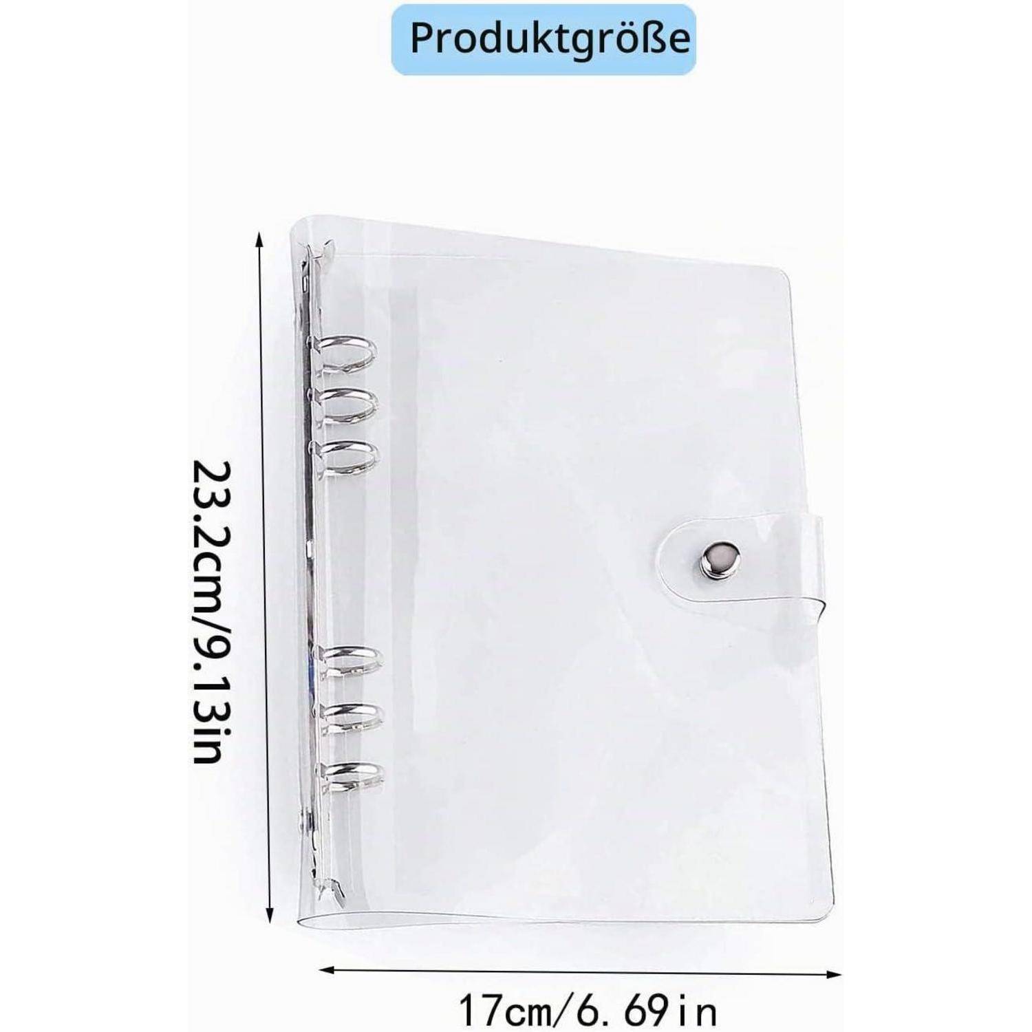 Klarer Kunststoff-Ringordner, gezeigt mit Produktgrößenbeschriftungen: 23,2 cm (9,13 Zoll) Höhe und 17 cm (6,69 Zoll) Breite.