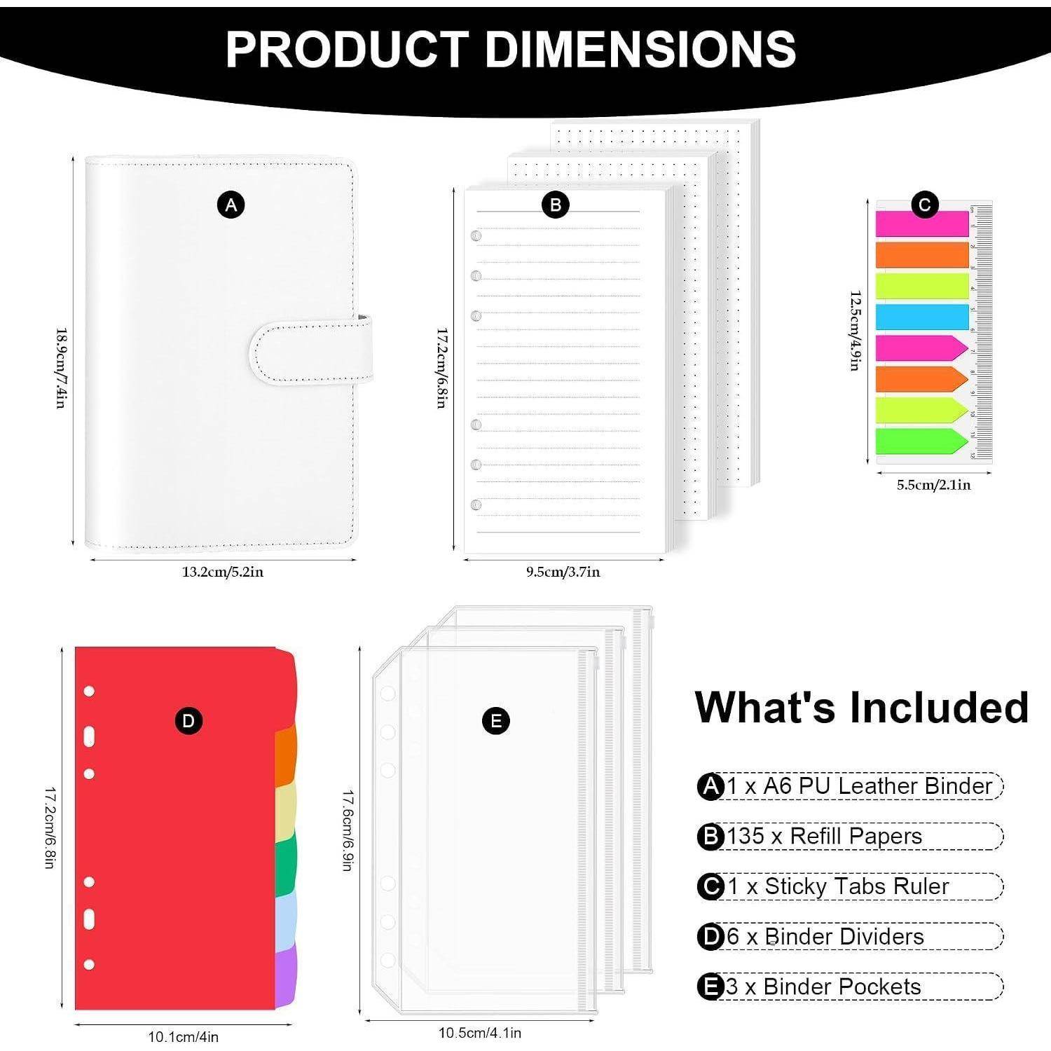 Produktabmessungsdiagramm, das einen A6-Ledereinband aus Kunstleder, Nachfüllpapier, Haftnotizen-Lineal, sechs Einband-Trennblätter und drei Einband-Taschen mit Abmessungen zeigt.