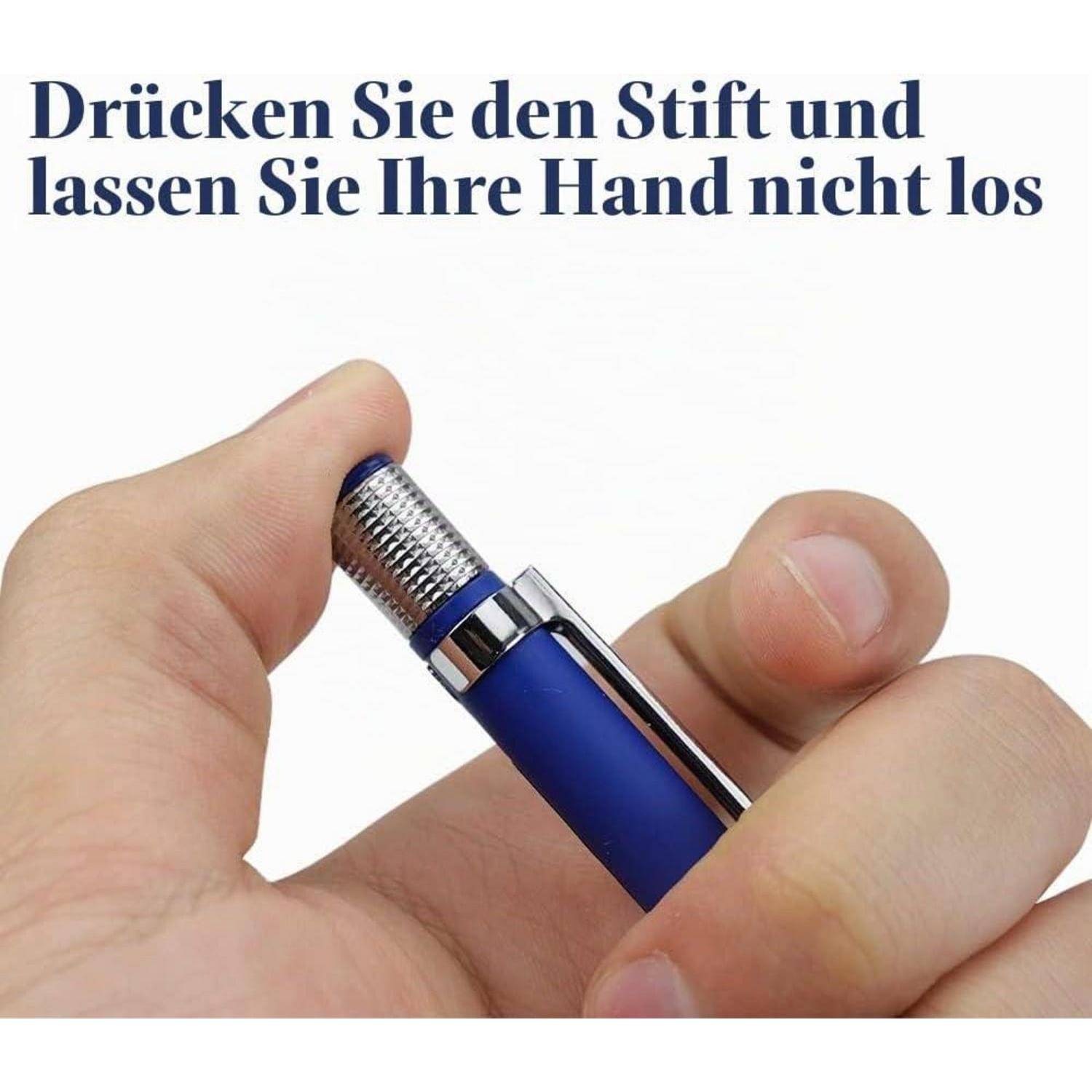 Hände drücken eine blaue Kugelschreiberkappenschaltfläche; Deutscher Text besagt: „Drücken Sie den Stift und lassen Sie Ihre Hand nicht los" („Drücken Sie den Stift und lassen Sie Ihre Hand nicht los"").