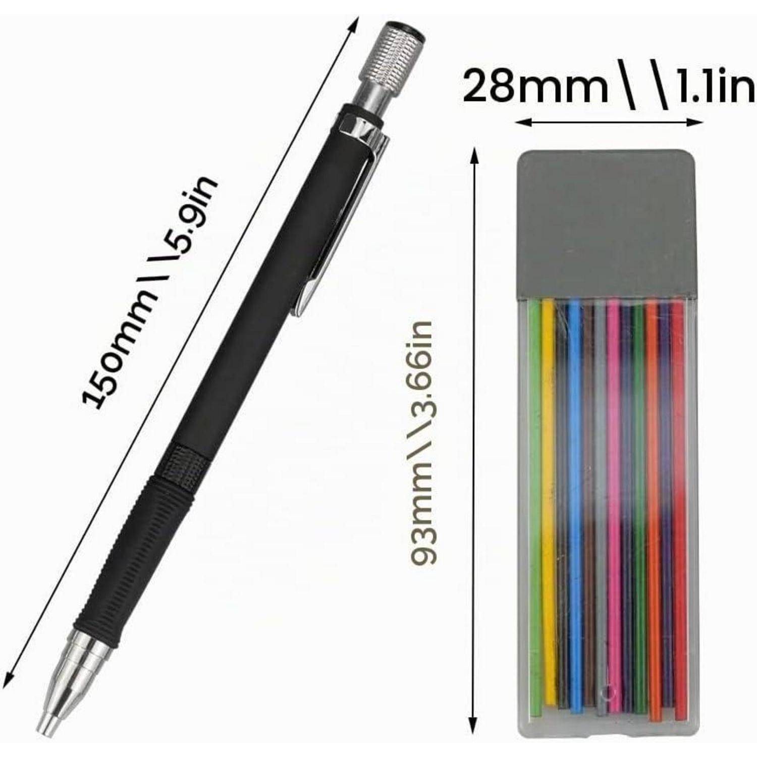 Druckbleistift mit Radierer, dargestellt mit Abmessungen von 150 mm Länge und 28 mm Breite; Schachtel mit farbigen Minen-Nachfüllungen, 93 mm hoch.